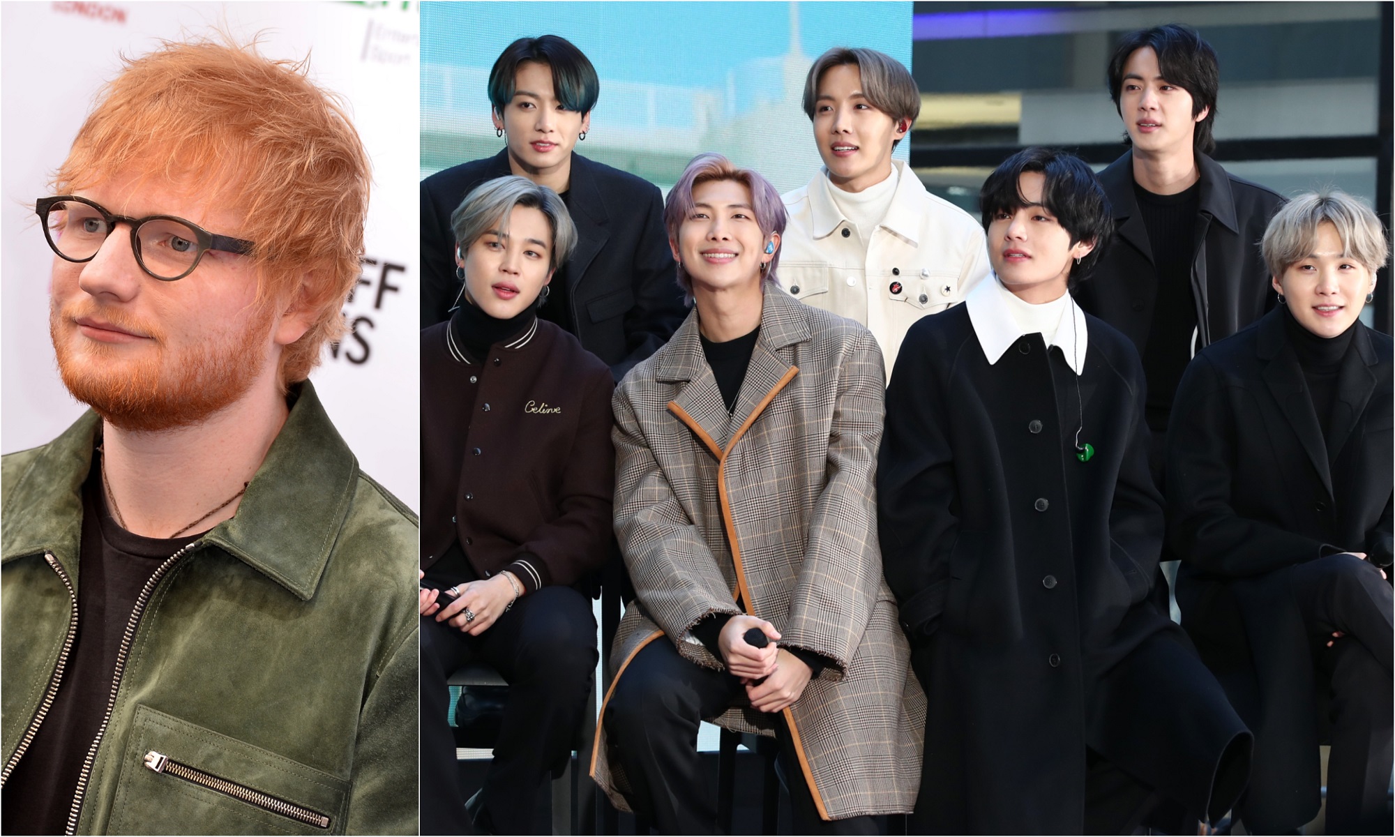 A joined photo of Ed Sheeran in 2019 and Jimin, Jungkook, RM, J-Hope, V, Jin, and Suga of BTS in 2020