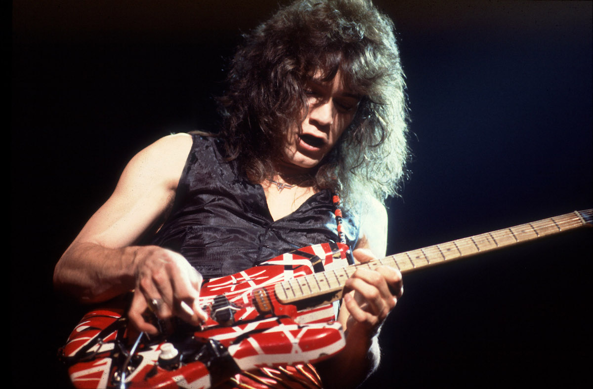 American Rock musician Eddie Van Halen, of the group Van Halen, performs onstage at the Aragon Ballroom, Chicago, Illinois, April 6, 1979. 