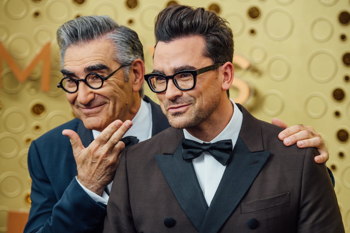Eugene Levy and Dan Levy walk the red carpet at the Emmy awards
