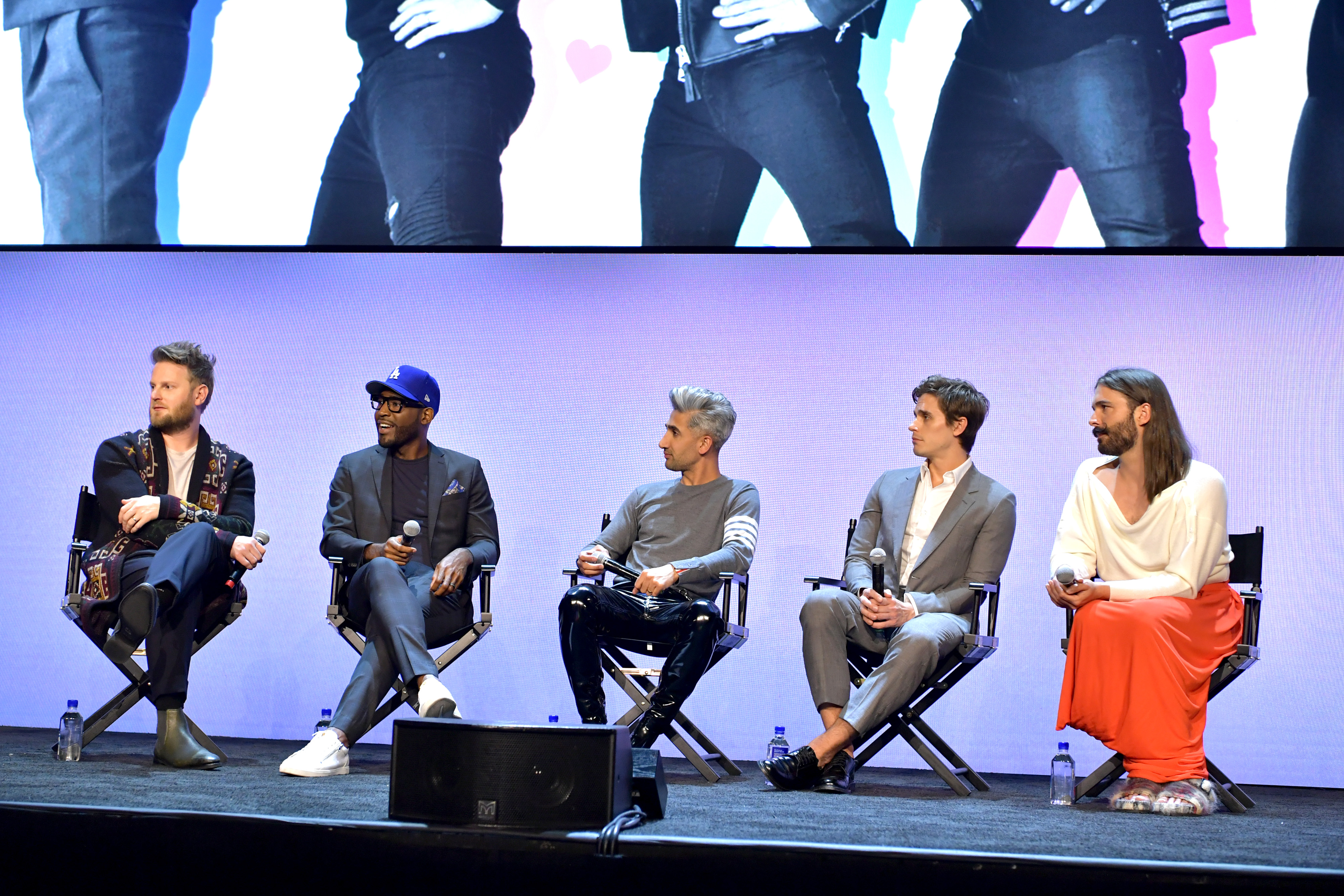 Bobby Berk, Karamo Brown, Tan France, Antoni Porowski, and Jonathan Van Ness speak on stage during the Netflix FYSEE 'Queer Eye' panel, the fab five sitting together on stage