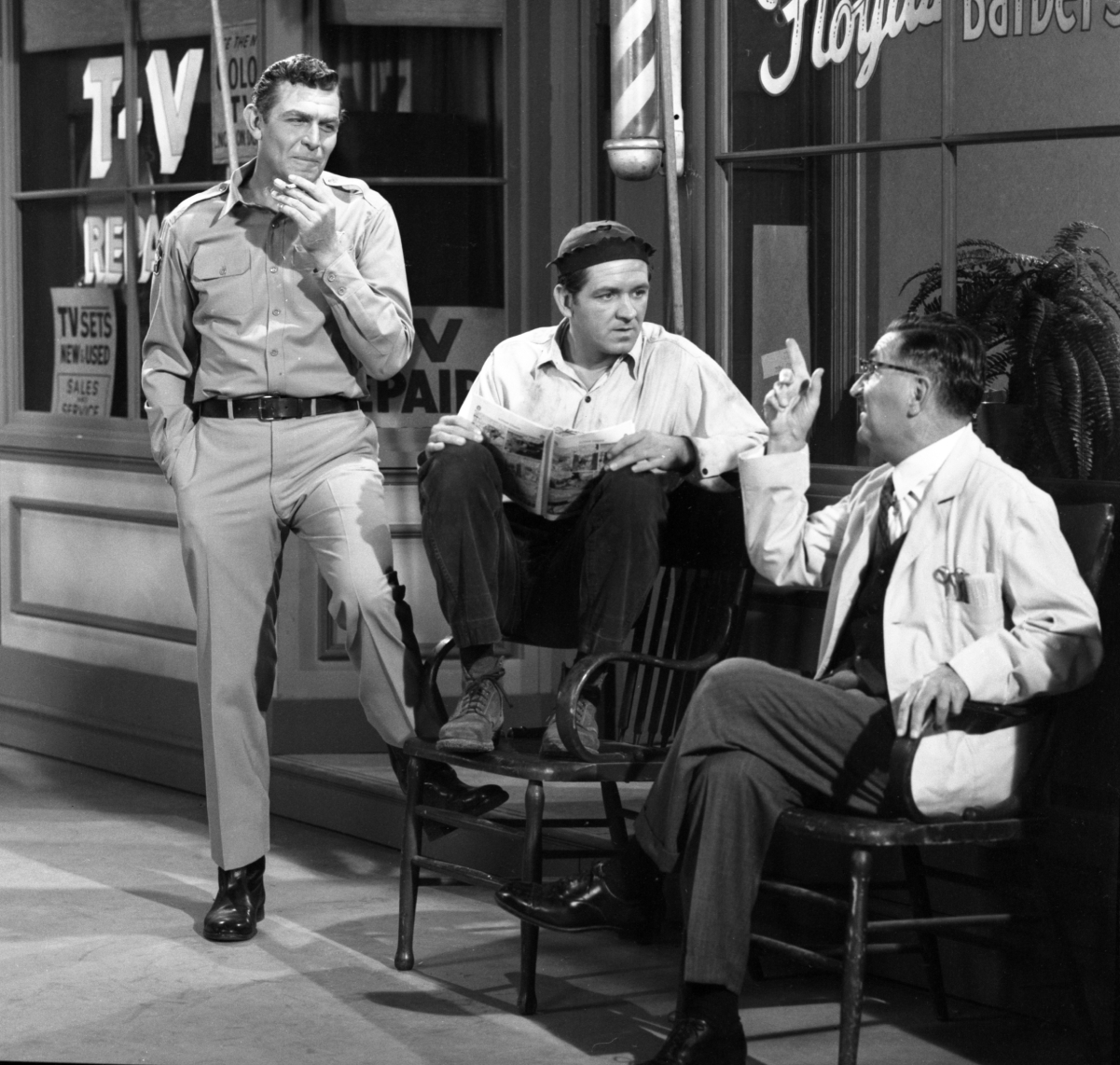 Actors Andy Griffith, George Lindsey, and Howard McNear in a scene from 'The Andy Griffith Show'