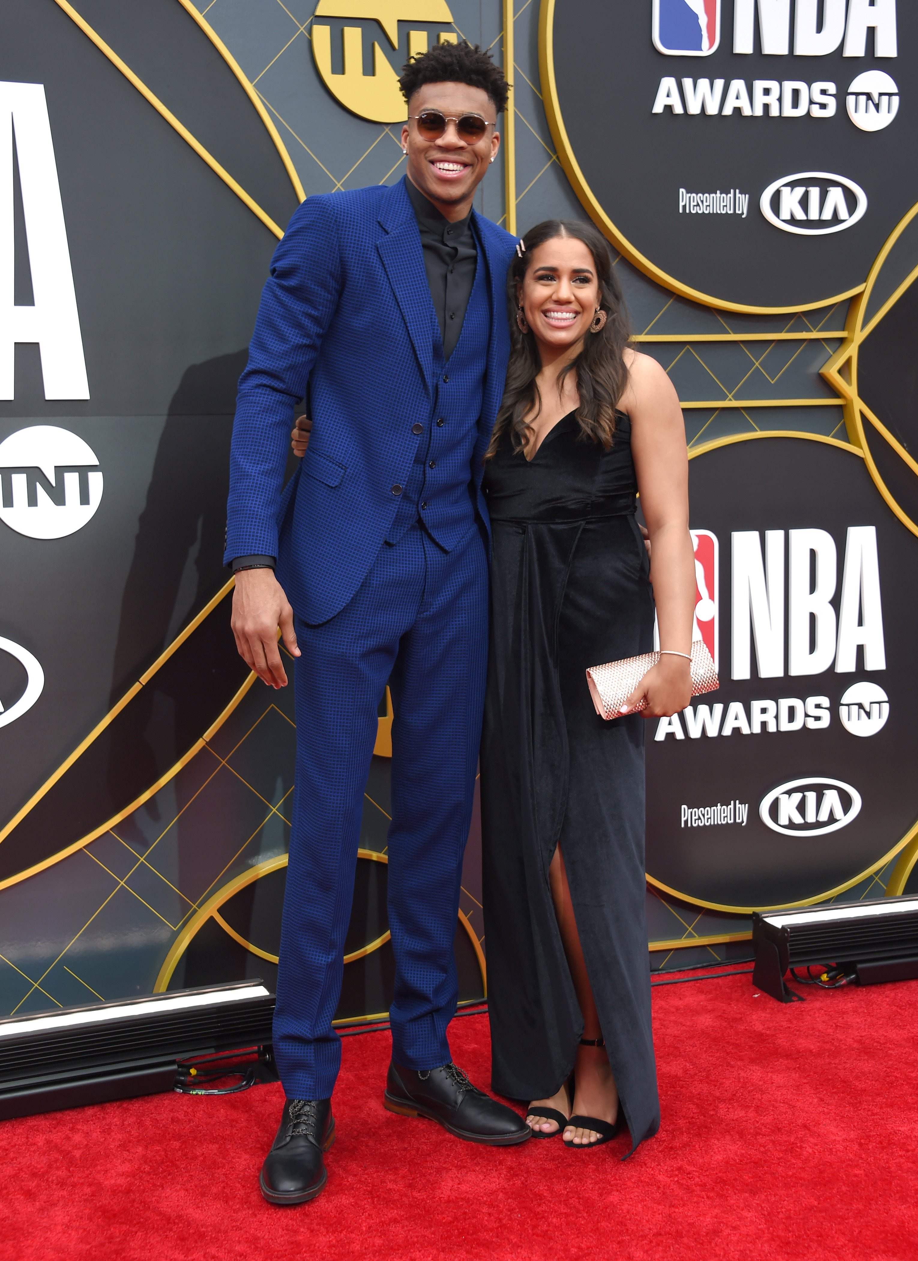 Giannis Antetokounmpo and his girlfriend Mariah Riddlesprigger on the red carpet after arriving to the NBA Awards