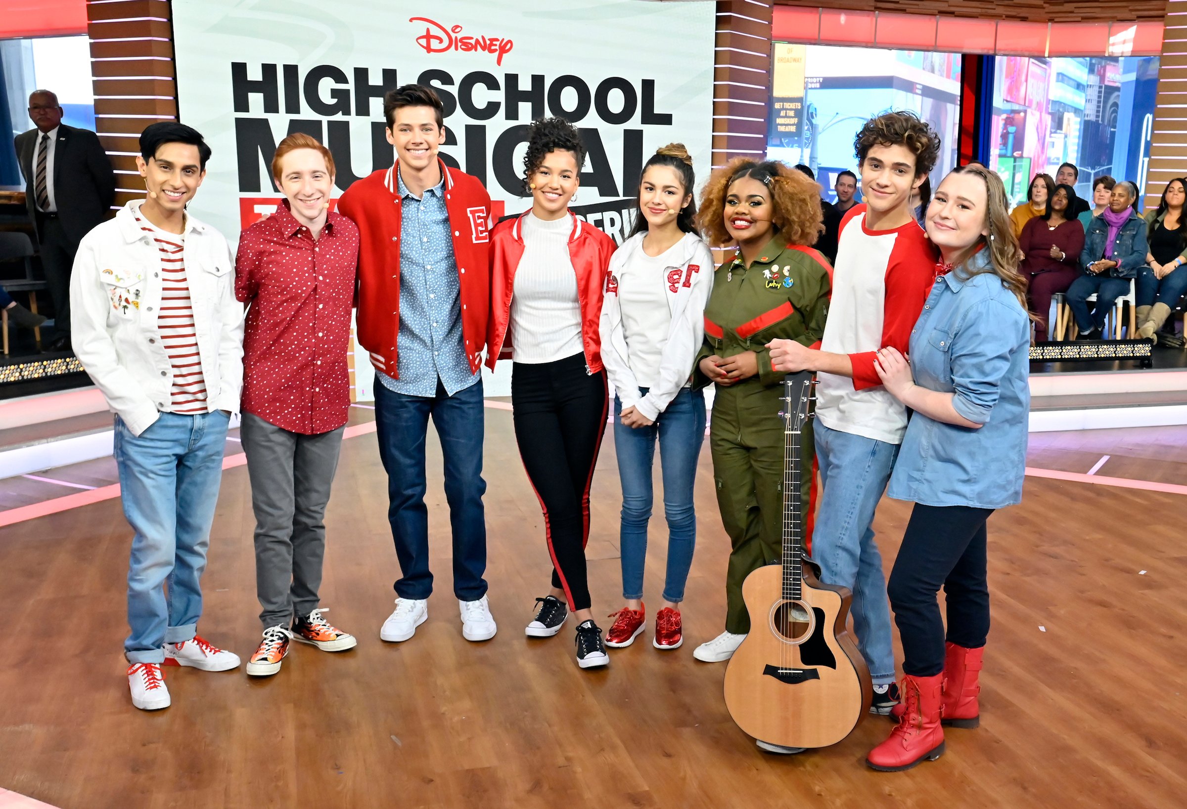 The stars of the upcoming Disney+ series 'High School Musical: The Musical: The Series' including Joshua Bassett (Ricky) and Olivia Rodrigo (Nini)
