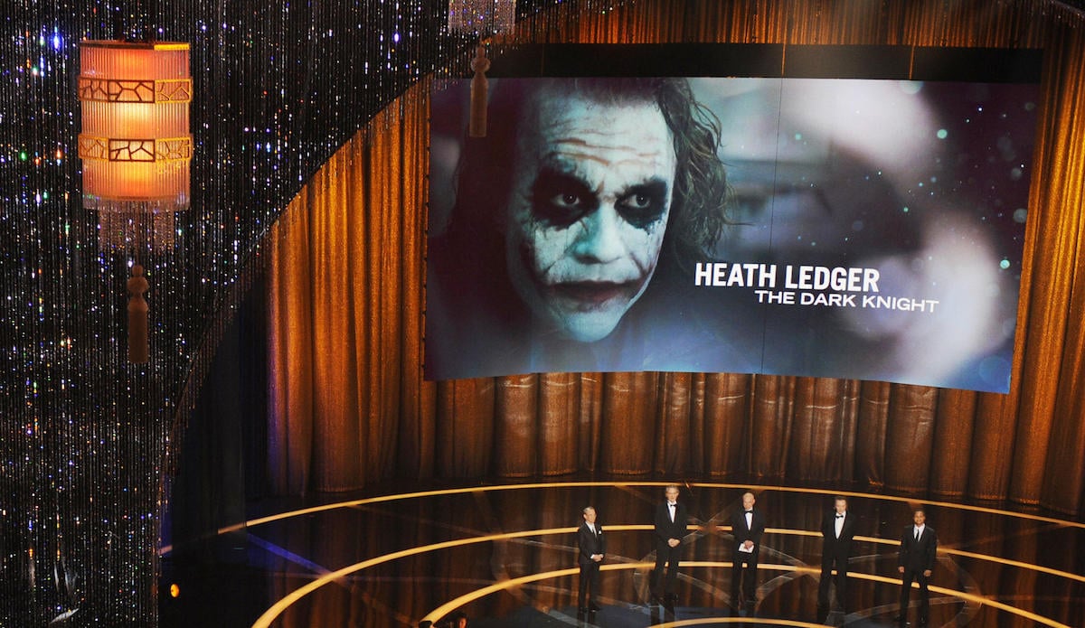 Heath Ledger appears on screen in his role as the Joker in "The Dark Knight", winning Best Supporting Actor at the 81st Academy Awards at the Kodak Theater in Hollywood, California on February 22, 2009.