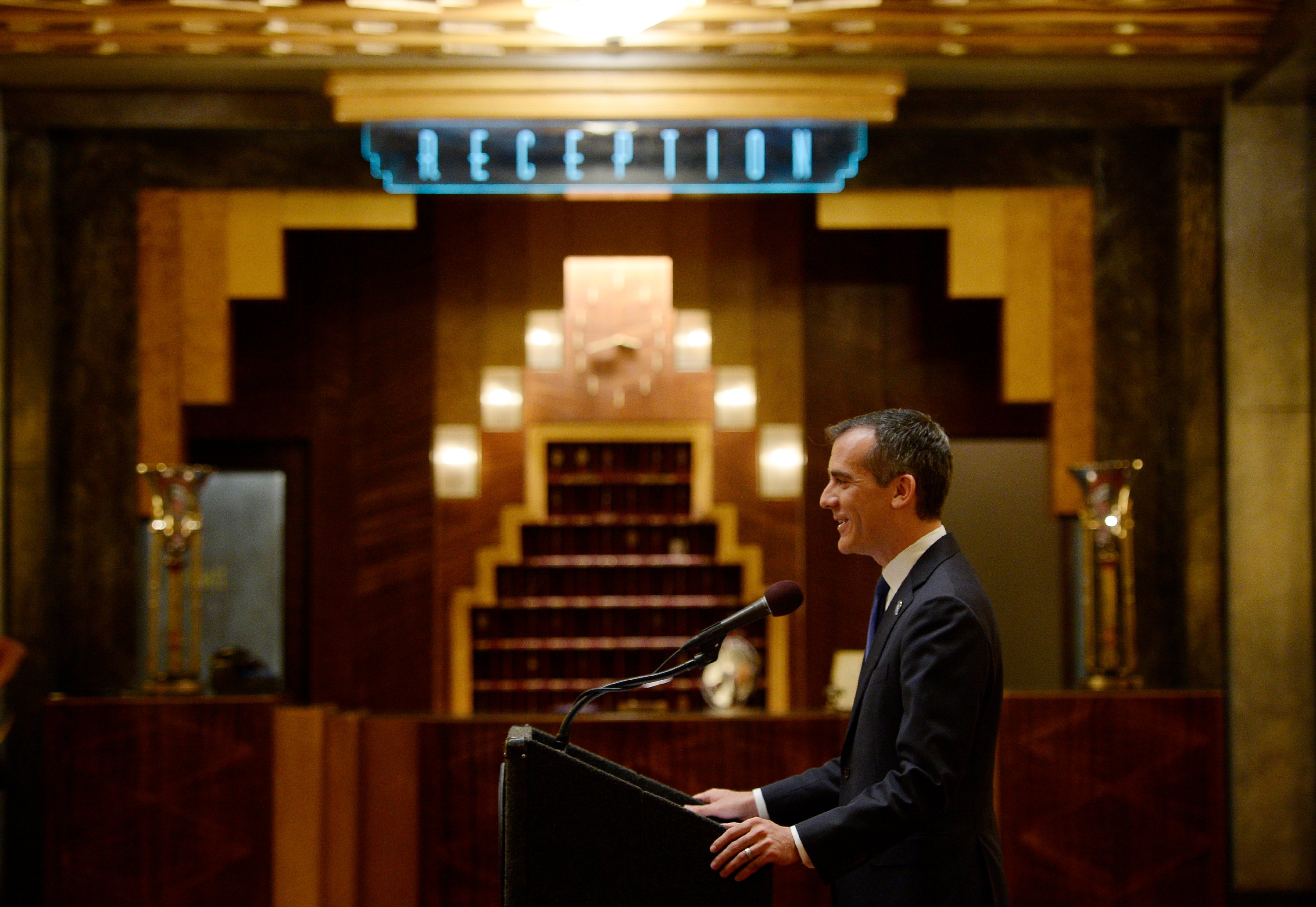 Los Angeles Mayor Eric Garcetti speaks during a news conference inside Hotel Cortez of 'American Horror Story: Hotel'
