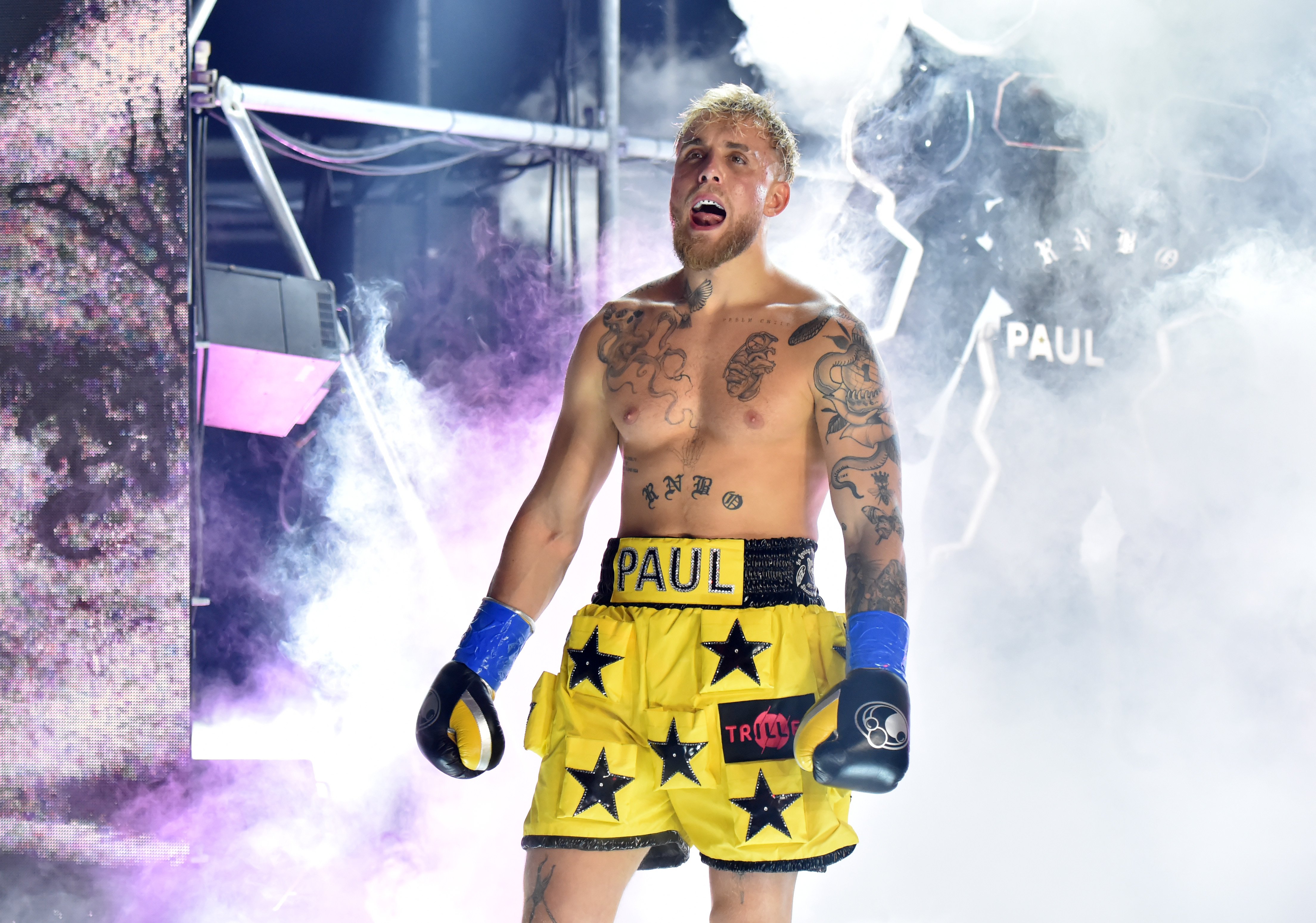 Jake Paul enters the ring against Ben Askren for their cruiserweight bout during Triller Fight Club