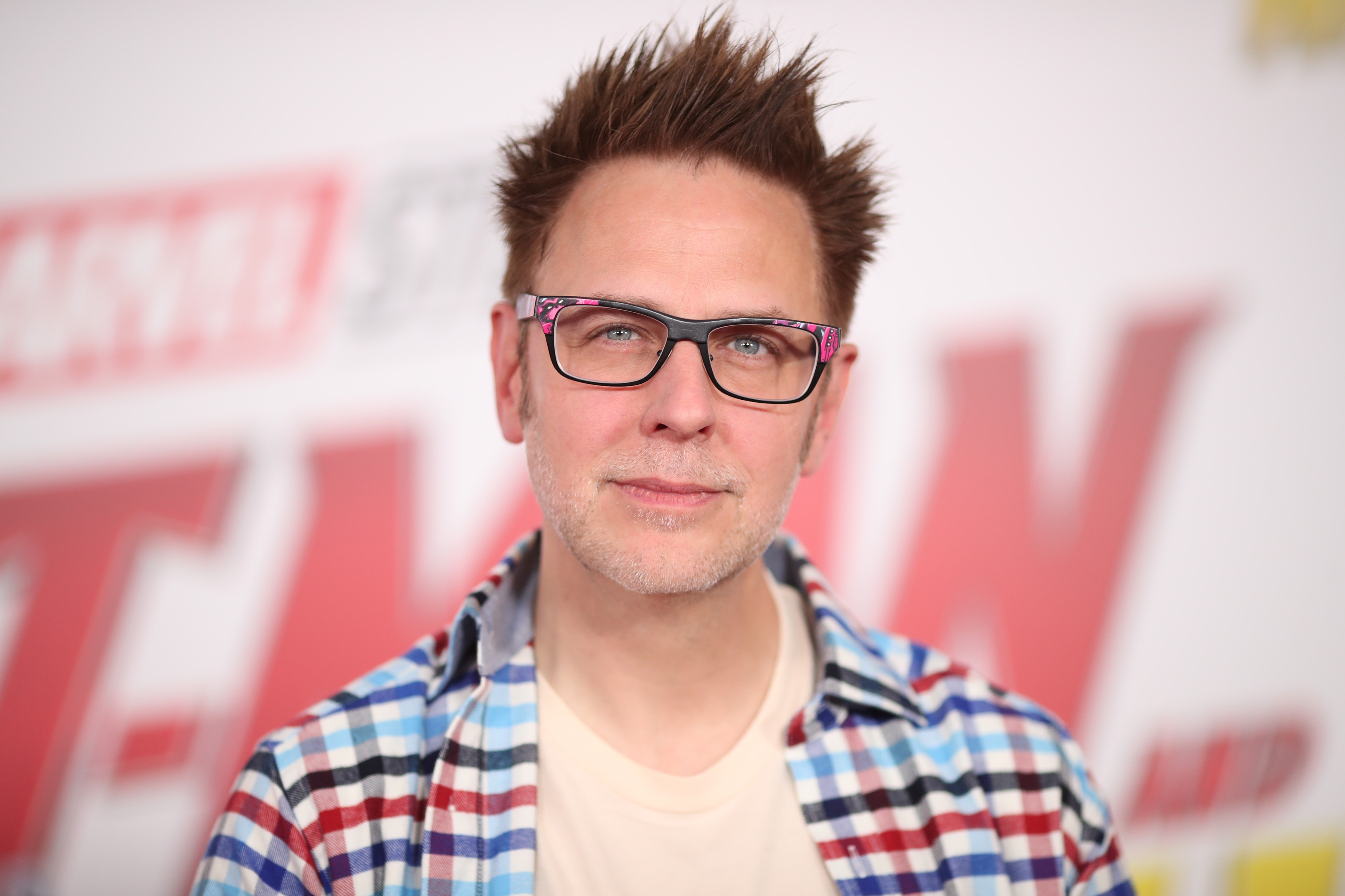 'Guardians of the Galaxy' director James Gunn wears a blue, white, and red checkered shirt at 'Ant-Man and the Wasp' premiere