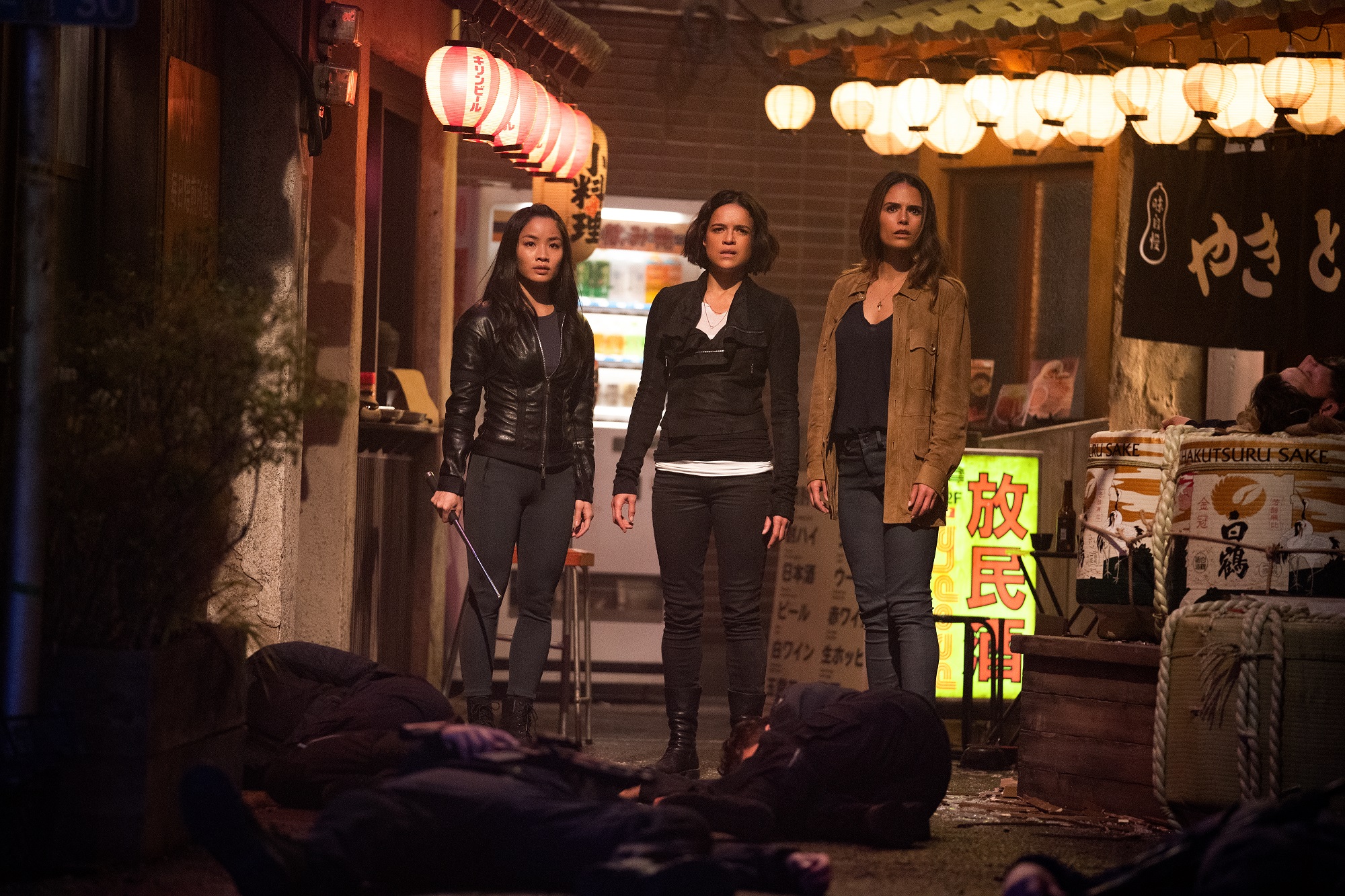 Jordana Brewster with Michelle Rodriguez and Anna Sawai