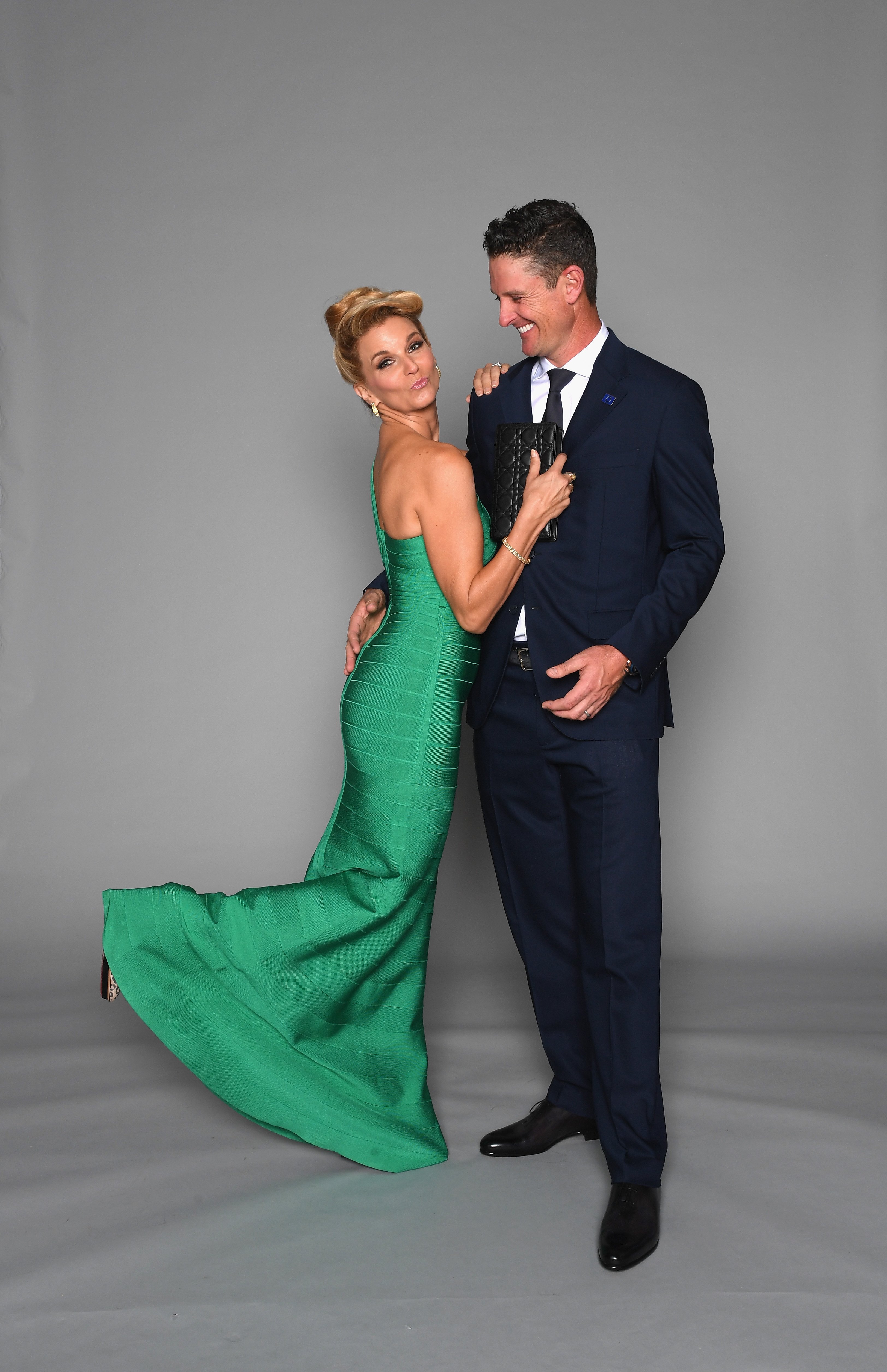 Justin Rose having fun while doing different poses with his wife Kate Rose prior to the 2018 Ryder Cup Gala