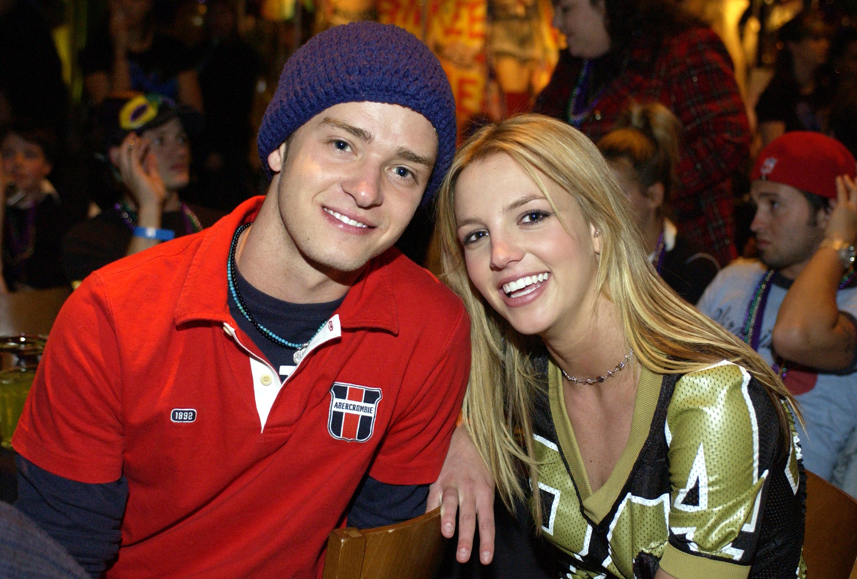 Justin Timberlake and Britney Spears pose for a picture together during an event for Super Bowl XXXVI 