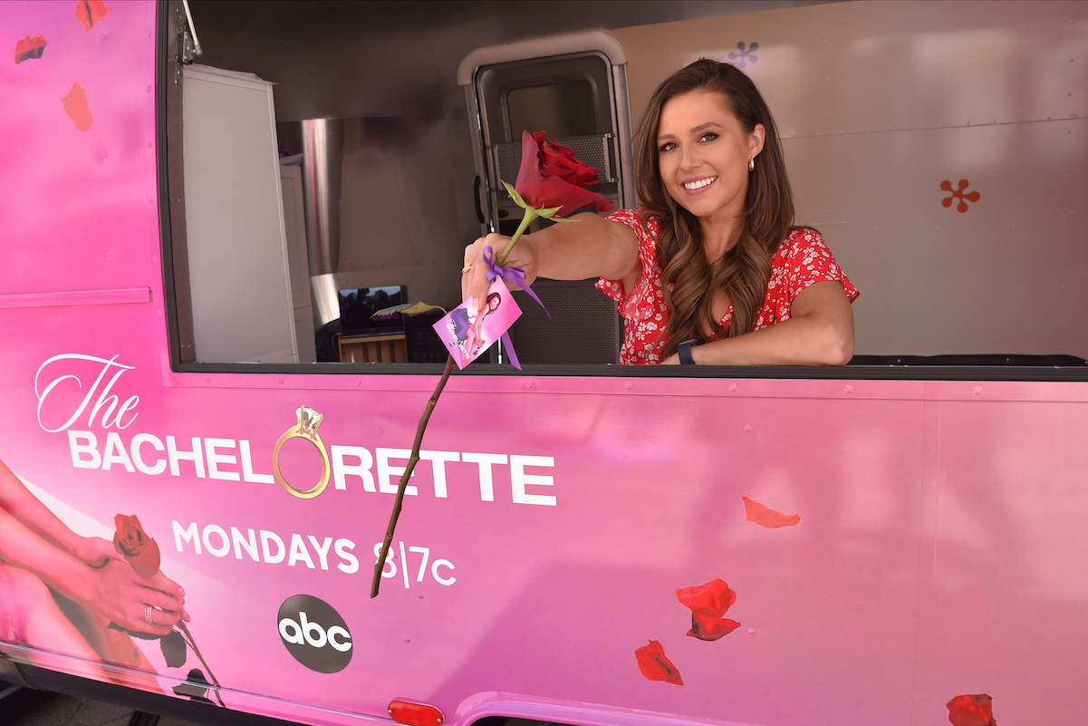 Katie Thurston handing out a rose on a truck in promotion for 'The Bachelorette'