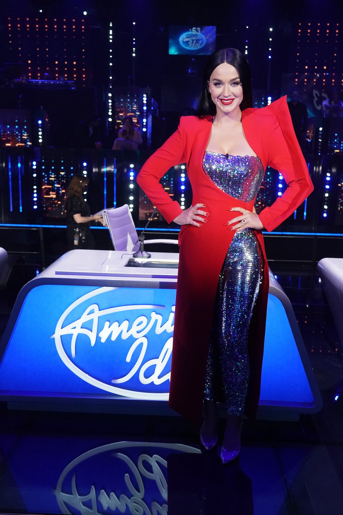 Katy Perry stands in front of her seat on the set of 'American Idol.'