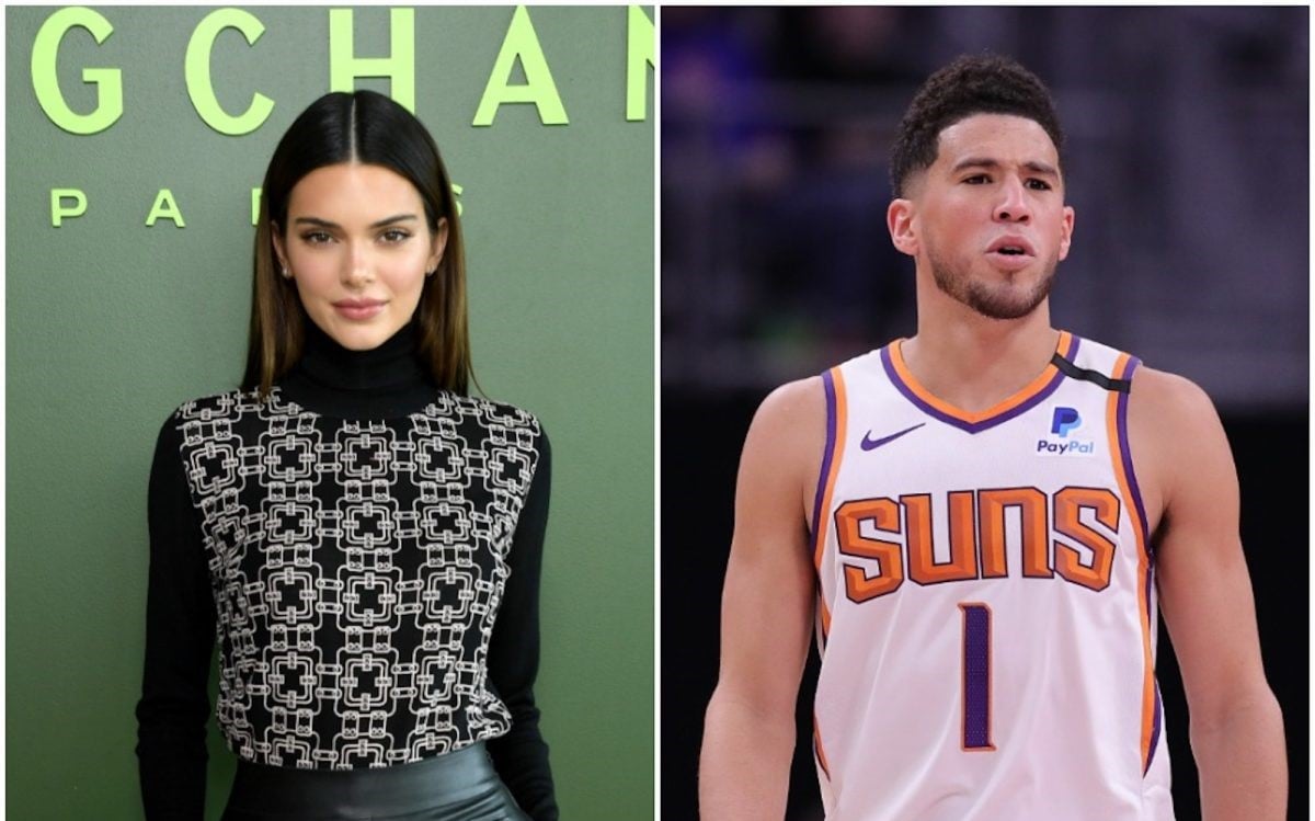 (L): Kendall poses for photo at event, (R): Devin Booker standing on the court during an NBA game