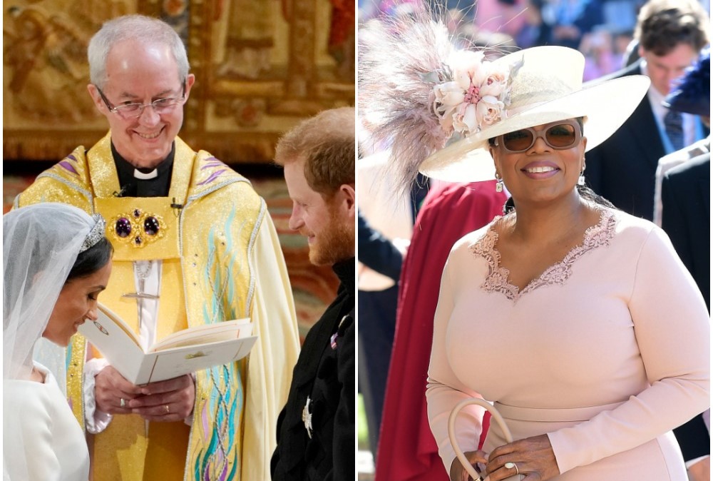 (L) Archbishop of Canterbury Justin Welby marrying Prince Harry and Meghan Markle, (R) Oprah Winfrey arriving at the royal wedding