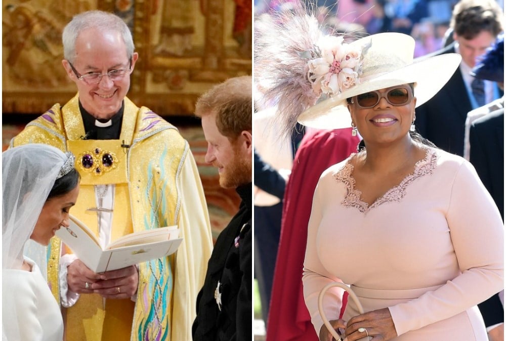 (L) Archbishop of Canterbury Justin Welby marrying Prince Harry and Meghan Markle, (R) Oprah Winfrey arriving at the royal wedding