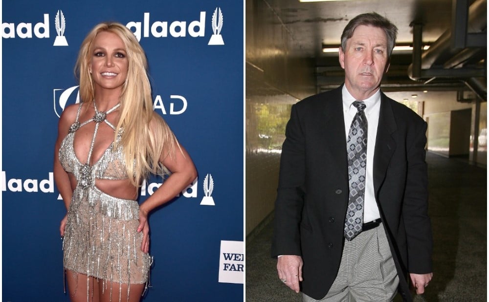 (L): Britney Spears smiling on the red carpet at the 29th Annual GLAAD Media Awards (R): Britney Spears' father, Jamie Spears, dressed in a suit and tie leaving court