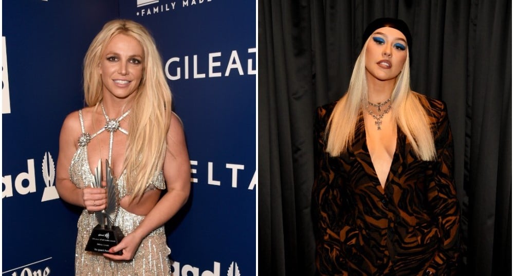 (L): Britney Spears with poses backstage at GLADD Media Awards, (R): Christina Aguilera poses for photo during the Unstoppable Weekend grand opening