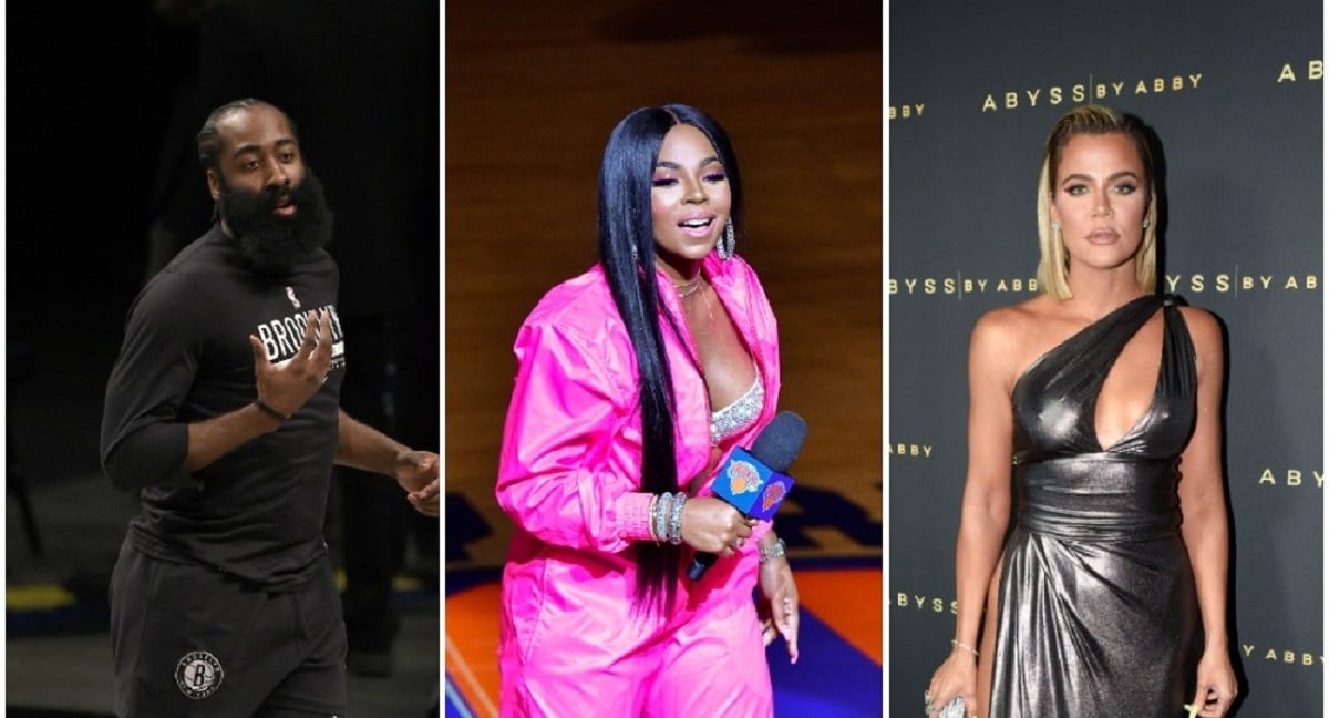 (L): James Harden of the Brooklyn Nets warming up before a game, (C): Ashanti performs in pink jumpsuit at half court before a game at Madison Square Garden, (R): Khloé Kardashian posing on carpet in a metallic gown before event in LA