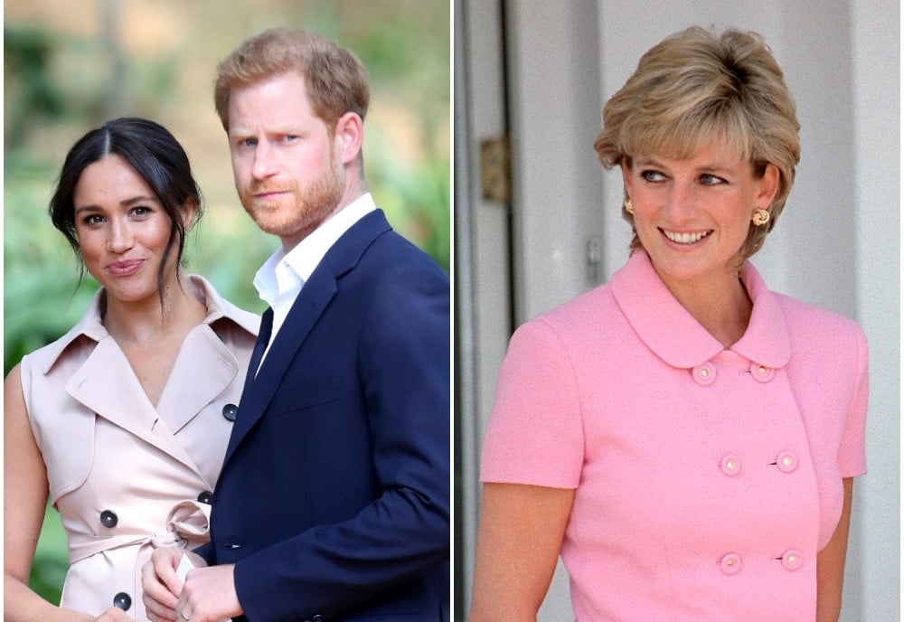 (L): Prince Harry and Meghan Markle standing next to each other during trip to South Africa, (R): Princess Diana smiling with here hands behind her back and dressed in a pink outfit