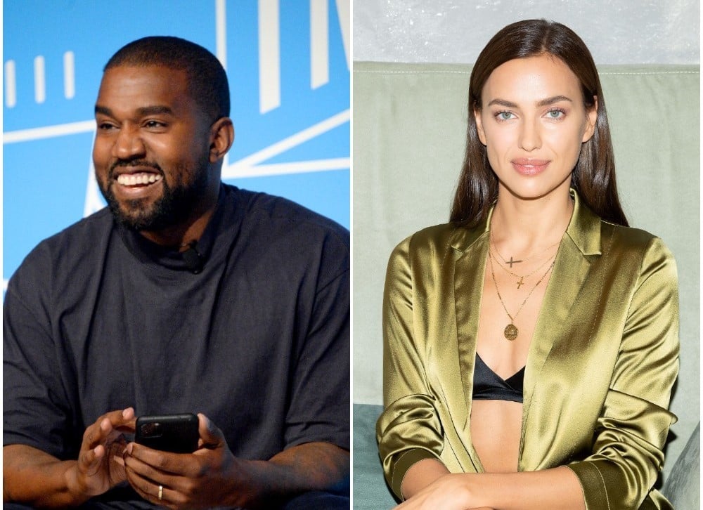 (L): Kanye West smiling and laughing onstage at an event in NYC. (R): Irina Shayk sitting down on a couch at Falconeri Press Day during Milan Fashion Week