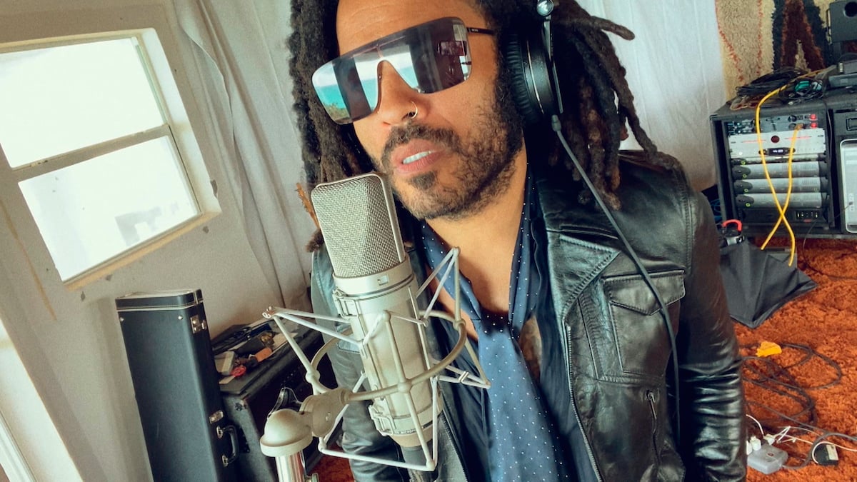 The Hunger Games alum Lenny Kravitz performs in a black leather jacket and sunglasses