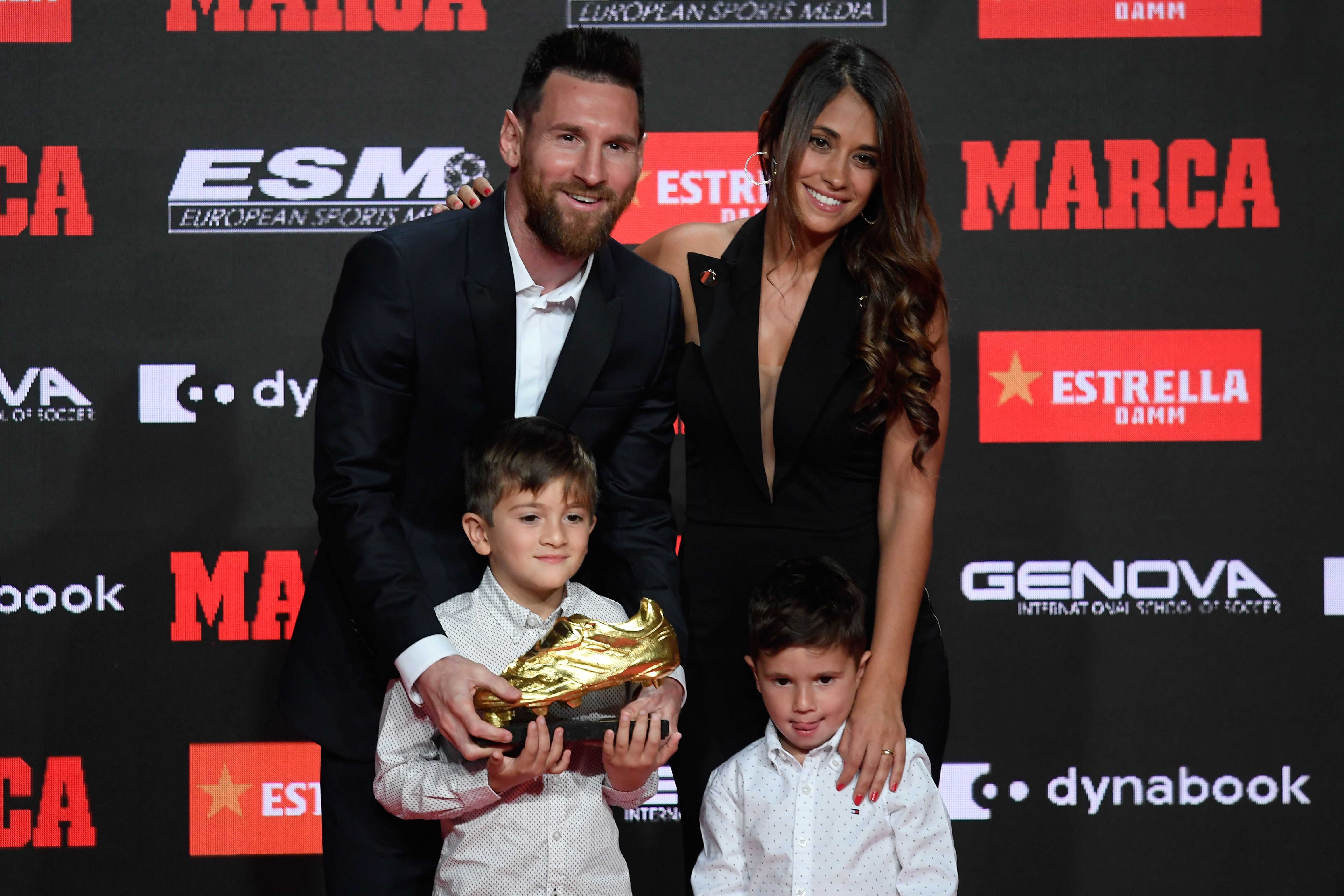 Lionel Messi poses with his wife Antonella Roccuzzo and two sons, Thiago and Mateo, after winning another Golden Shoe award