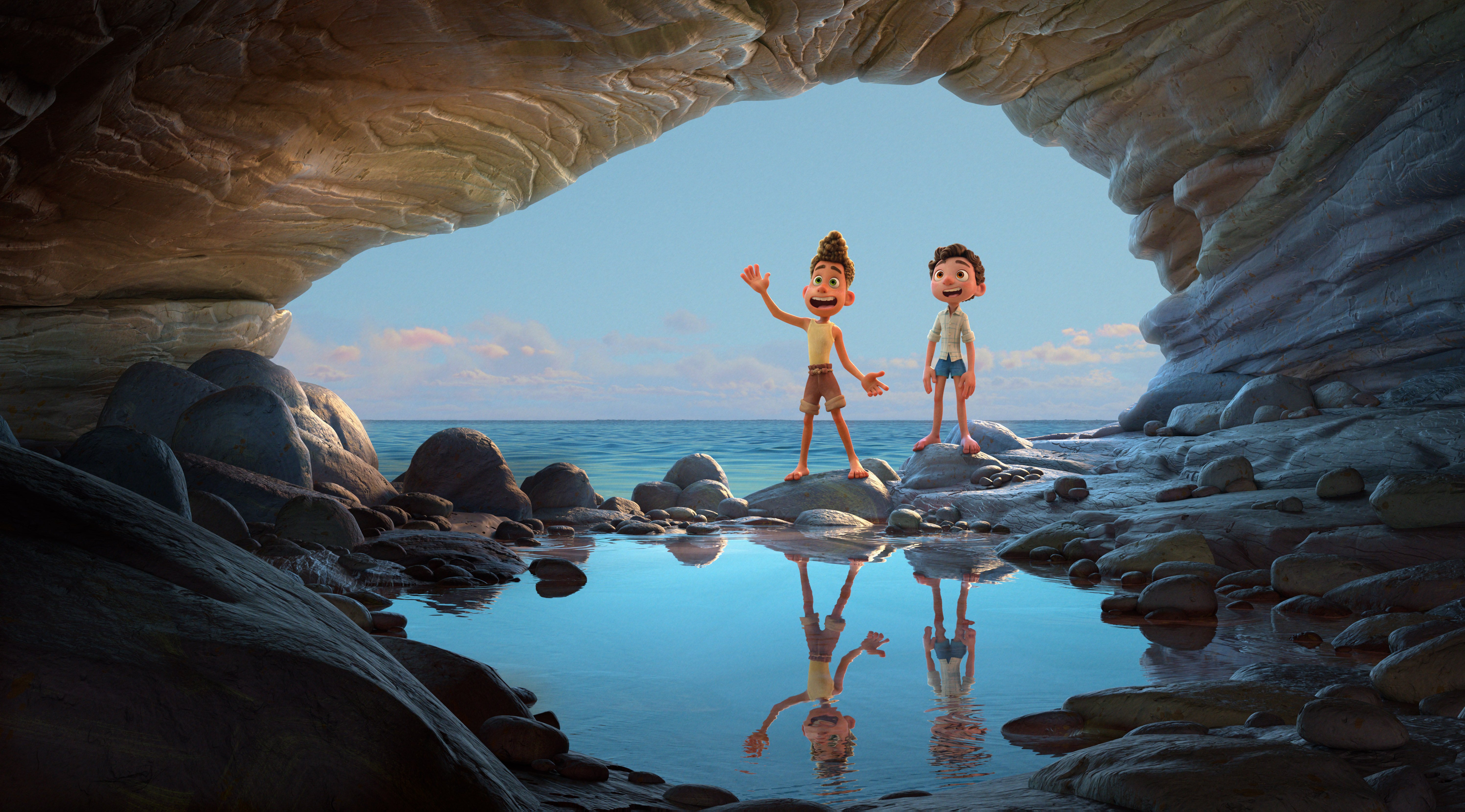 Pixar's Luca: Luca and Alberto emerge from the ocean