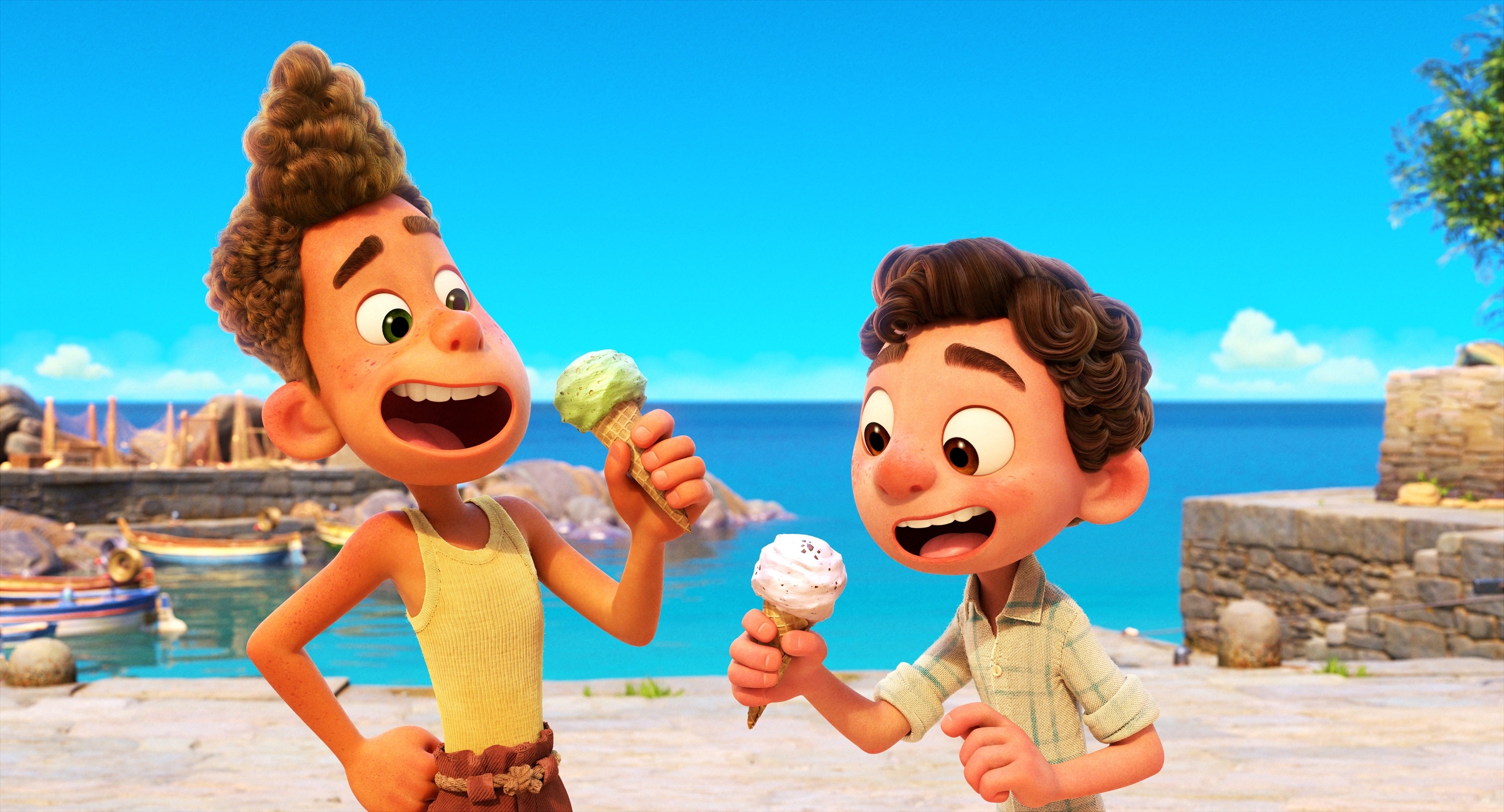 Alberto and Luca eating ice cream in the Luca movie