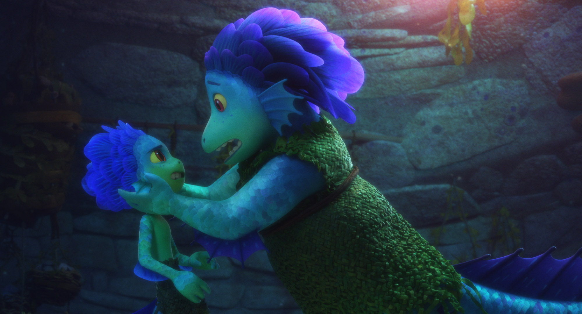 Pixar's Luca: Luca's mother holds him by the head