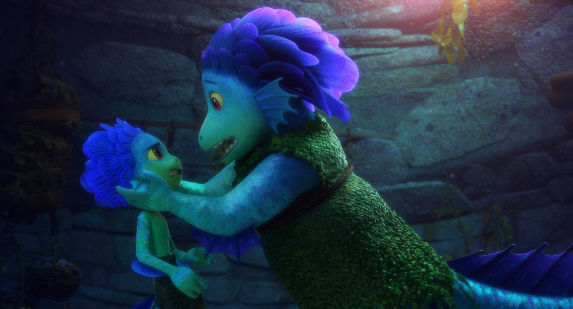 Pixar's Luca: Luca's mother holds him by the head