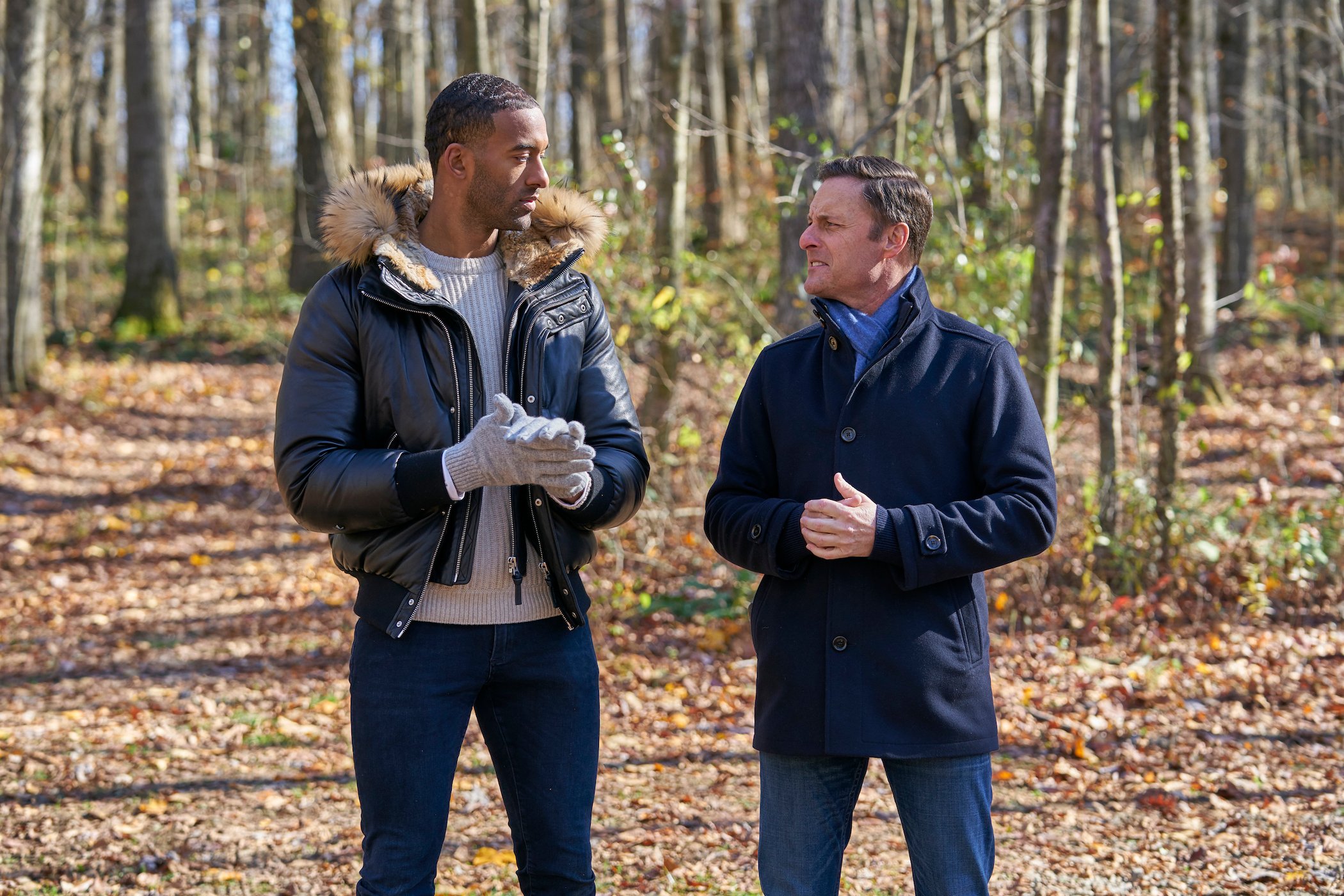 Chris Harrison, the host of 'The Bachelorette,' standing next to Matt James outside on 'The Bachelor'