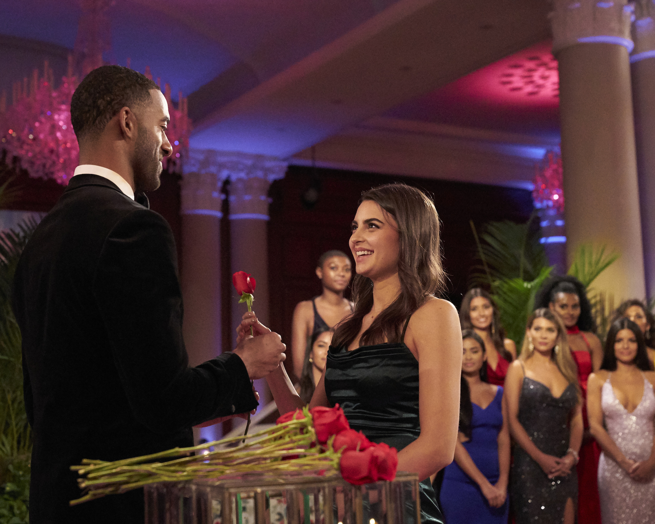 Matt James handing Rachael Kirkconnell a rose on 'The Bachelor'