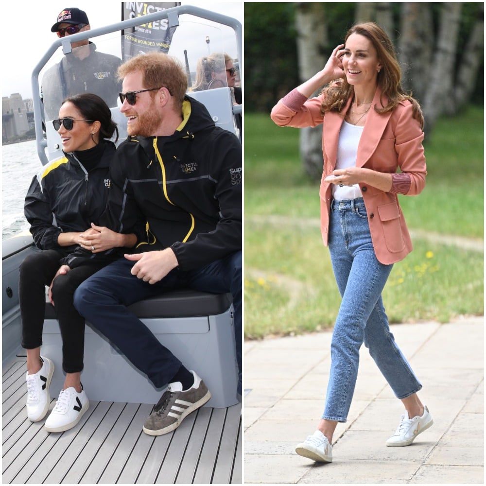 Meghan Markle and Kate Middleton wearing Veja sneakers on separate occasions