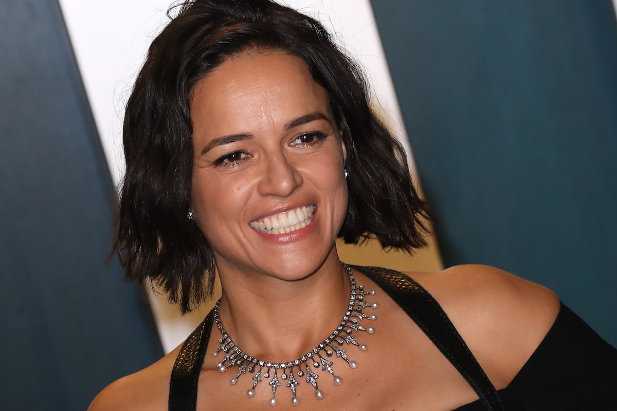 Michelle Rodriguez wears a black outfit and a necklace at the 2020 Vanity Fair Oscar Party