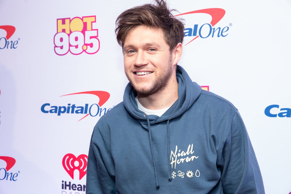 Niall Horan from One Direction in a blue sweatshirt smiling