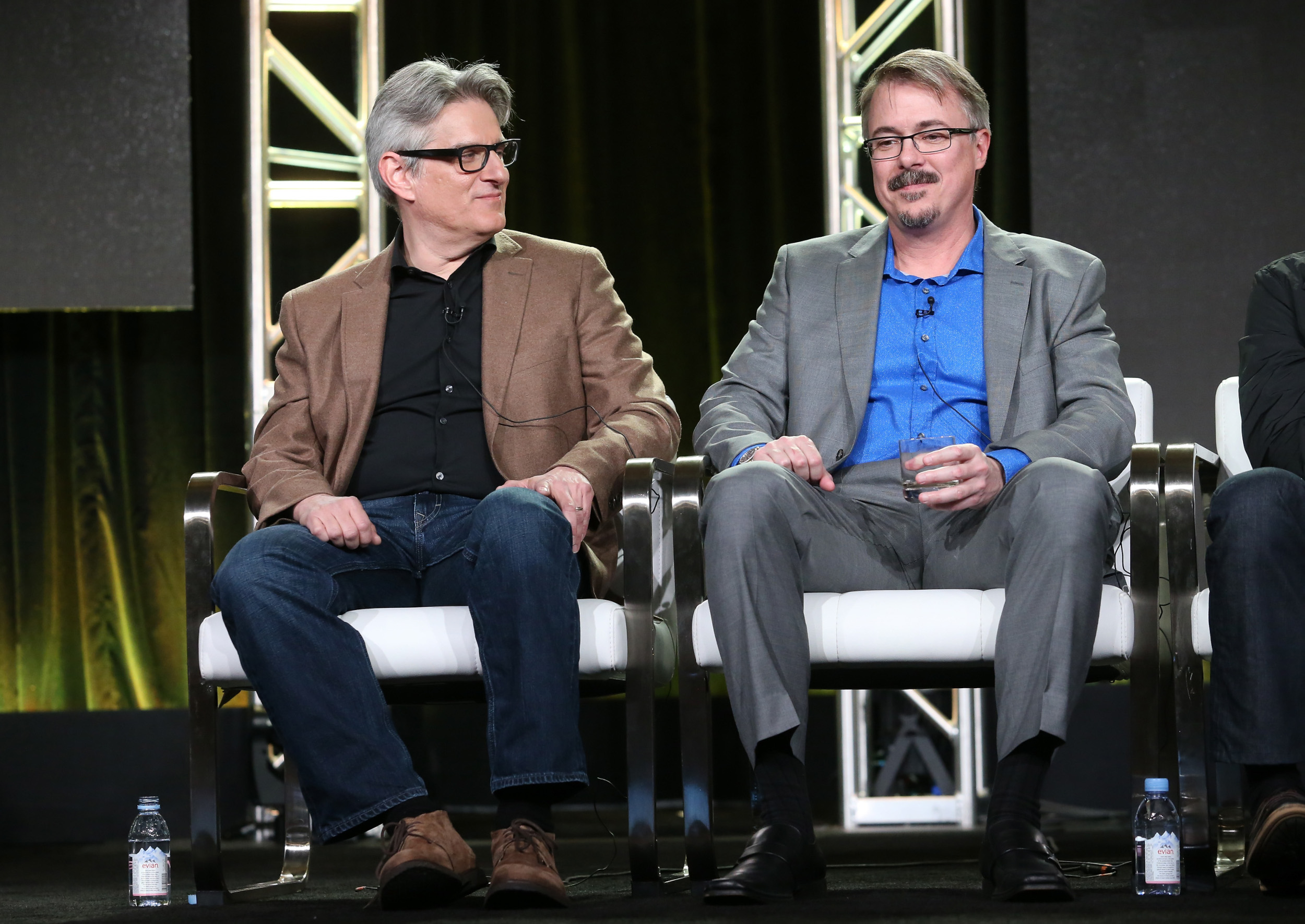 'Better Call Saul' producer Peter Gould looking at Vince Gilligan while sitting