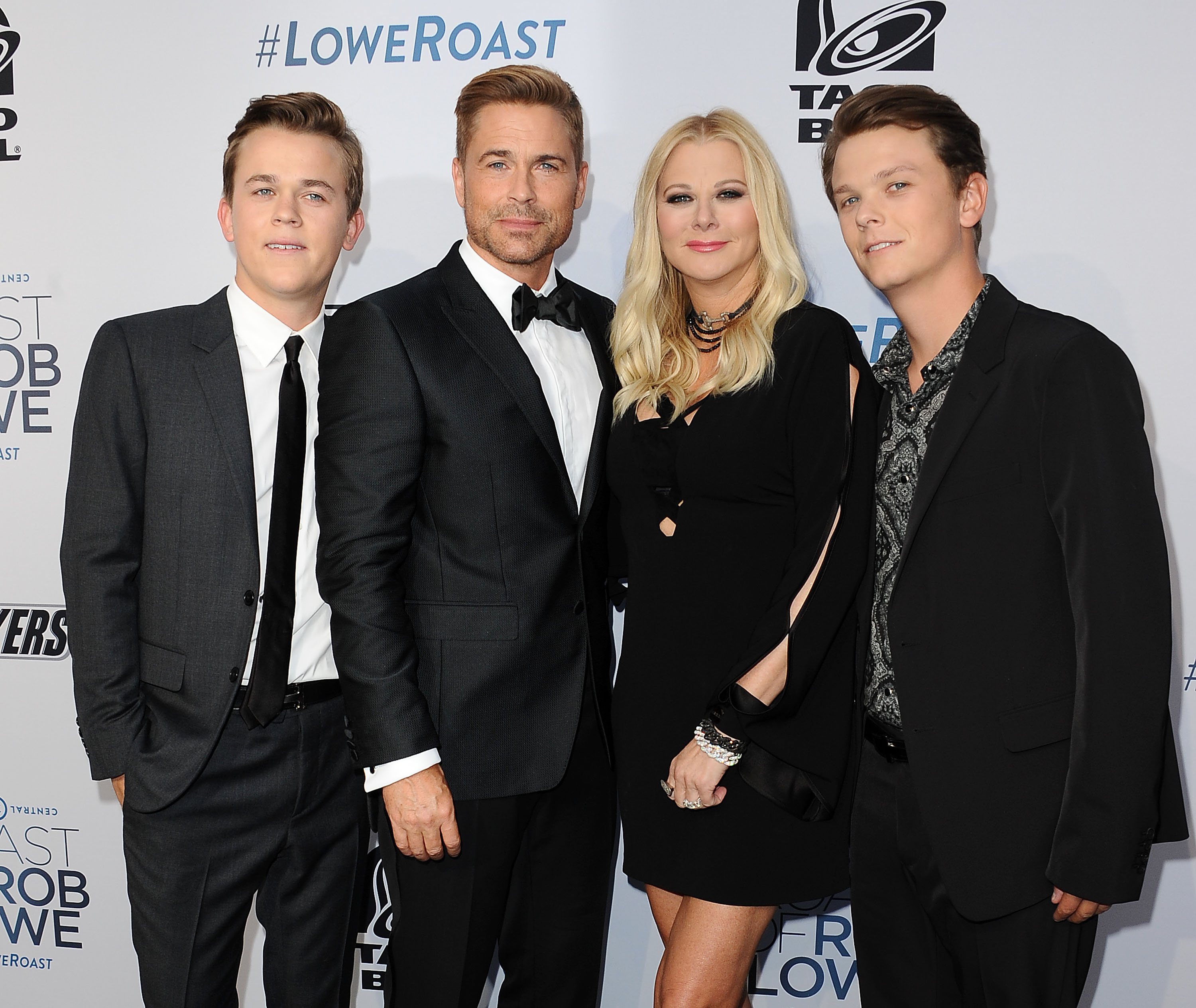 John Owen Lowe, Rob Lowe, Sheryl Berkoff, and Matthew Edward Lowe pose for photos at the Comedy Central Roast of Rob Lowe at Sony Studios on August 27, 2016 in Los Angeles, California.