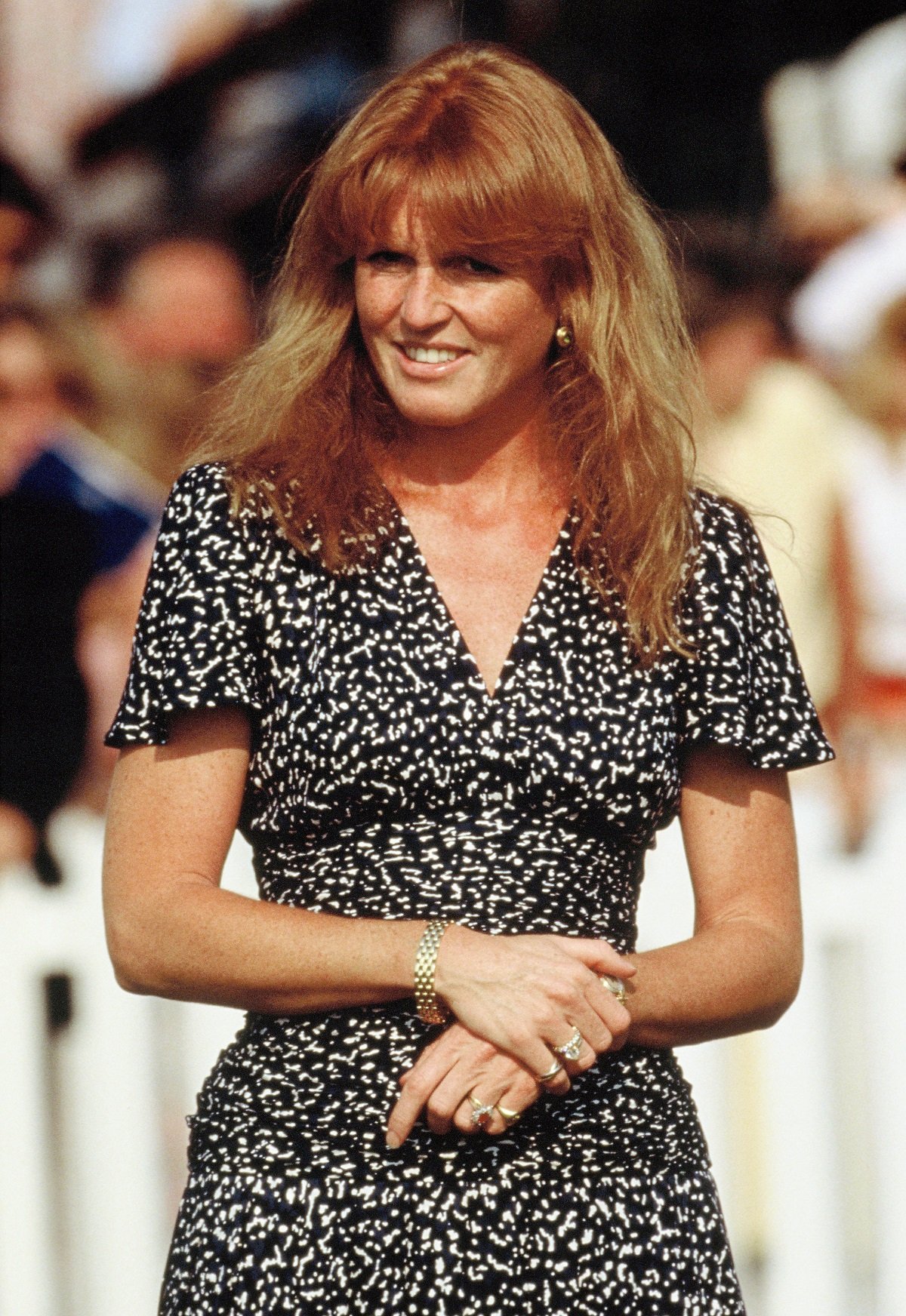 Sarah Ferguson in a black and white dress at the Paralympics opening ceremony in 1990