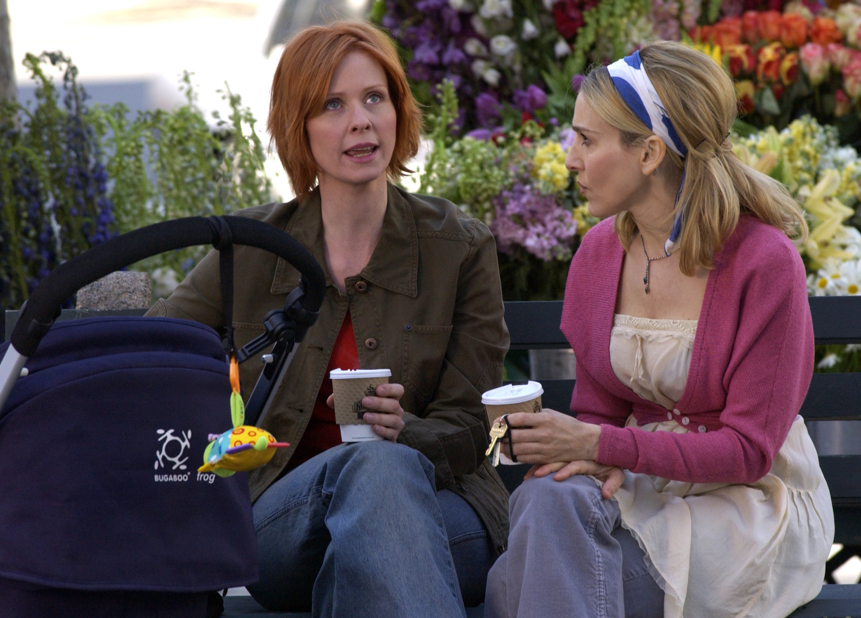 Cynthia Nixon as Miranda Hobbes and Sarah Jessica Parker as Carrie Bradshaw are seen in Bryant Park filming 'Sex and the City'