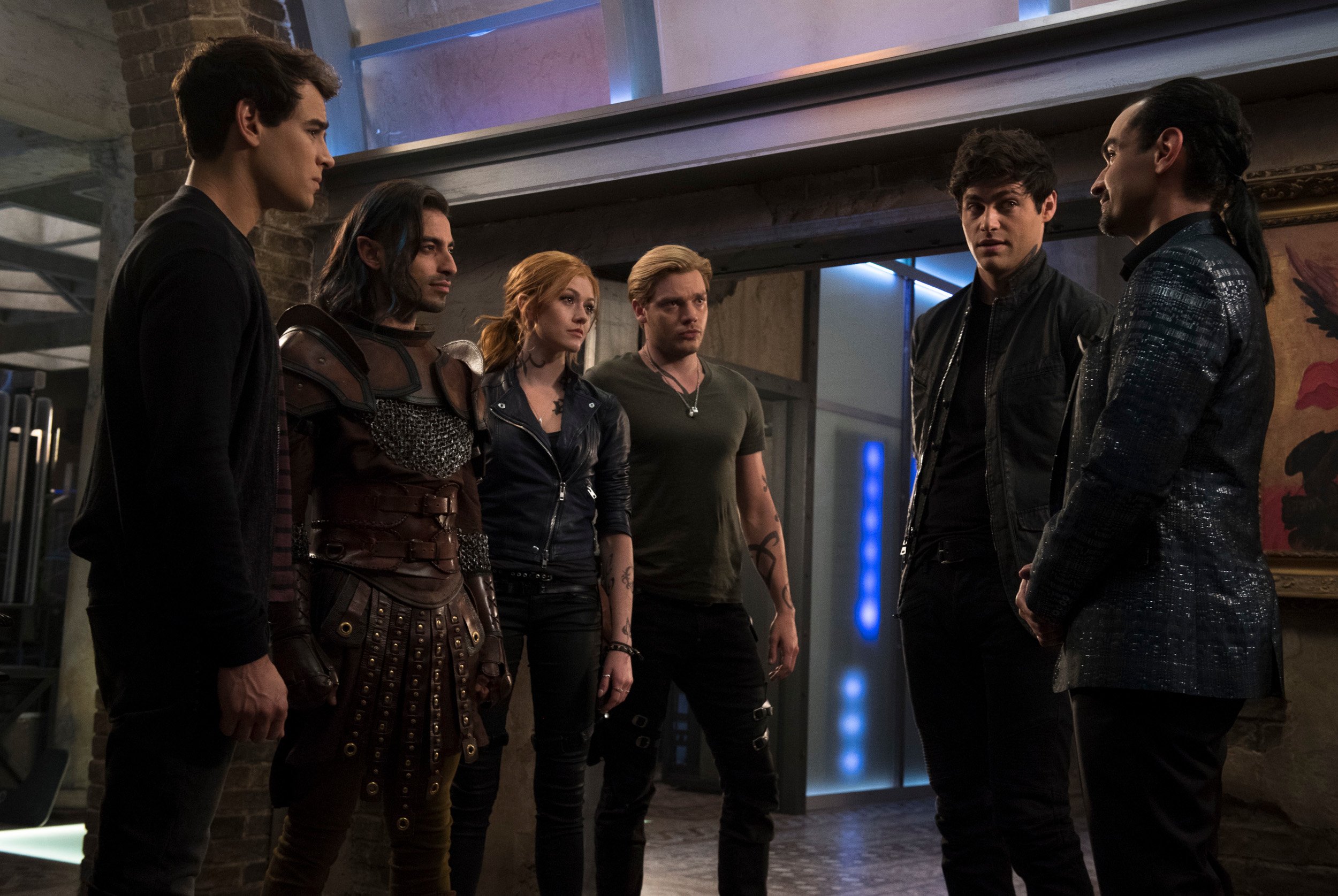 'Shadowhunters' stars Alberto Rosende, Jade Hassoune, Katherine McNamara, Dominic Sherwood, Matthew Daddario, and Javier Munoz dressed in black on the set for season 3