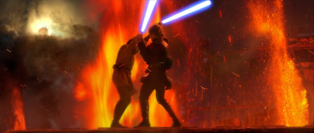 Anakin Skywalker (Hayden Christensen) and Obi-Wan Kenobi (Ewan McGregor) do battle on the fiery lava planet of Mustafar in a scene from 'Star Wars: Episode III -- Revenge of the Sith'