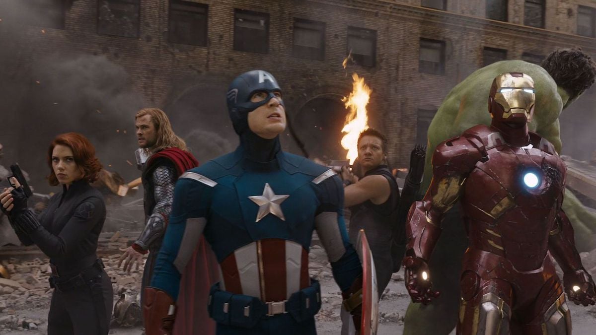 The cast of 'The Avengers' stands ready for battle in a scene from the movie