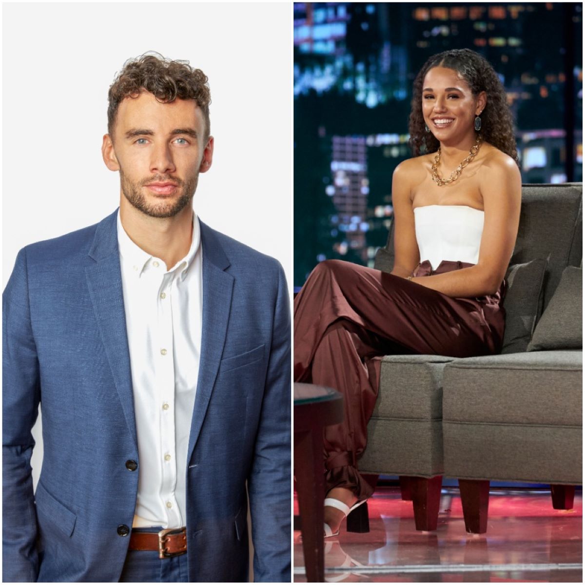 'Bachelor' Nation star Brendan Morais in a blue suit with white shirt and Pieper James in a white tube top and maroon pants.