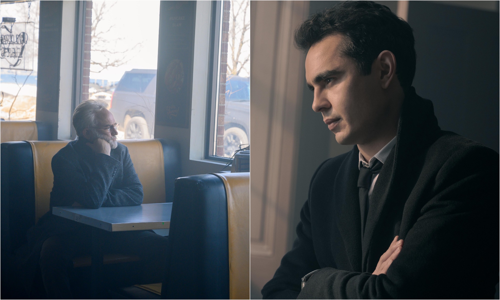 A joined photo of Nick Blaine standing with his arms crossed and Commander Lawrence sitting at a diner table in 'The Handmaid's Tale'