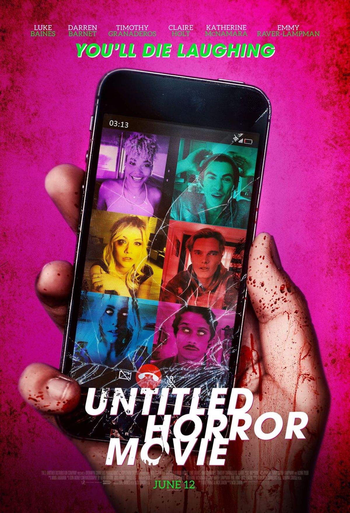 'Untitled Horror Movie' poster featuring Emmy Raver-Lampman, Darren Barnet, Claire Holt, Luke Baines, Katherine McNamara, and Tim Granaderos