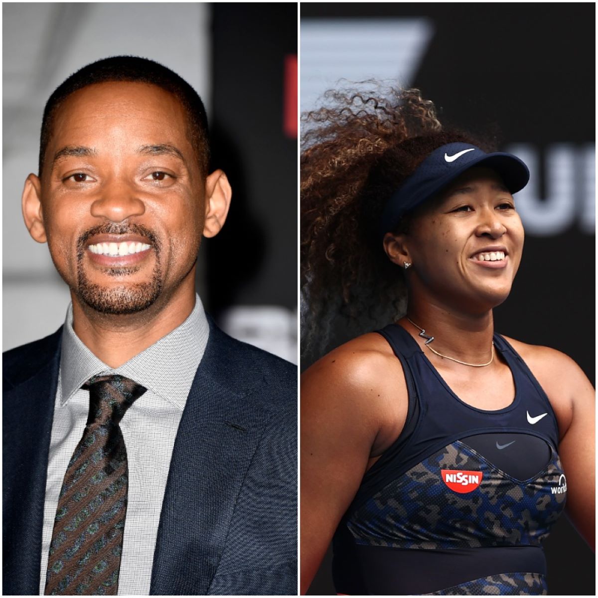 Collage of Will Smith in a suit and Naomi Osaka in her tennis uniform