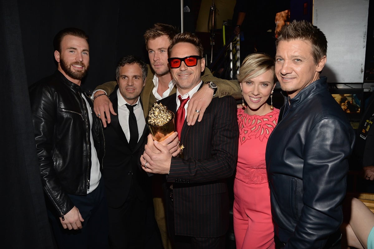 (L-R) Chris Evans, Mark Ruffalo, Chris Hemsworth, Robert Downey Jr., Scarlett Johansson, and Jeremy Renner in 2015.