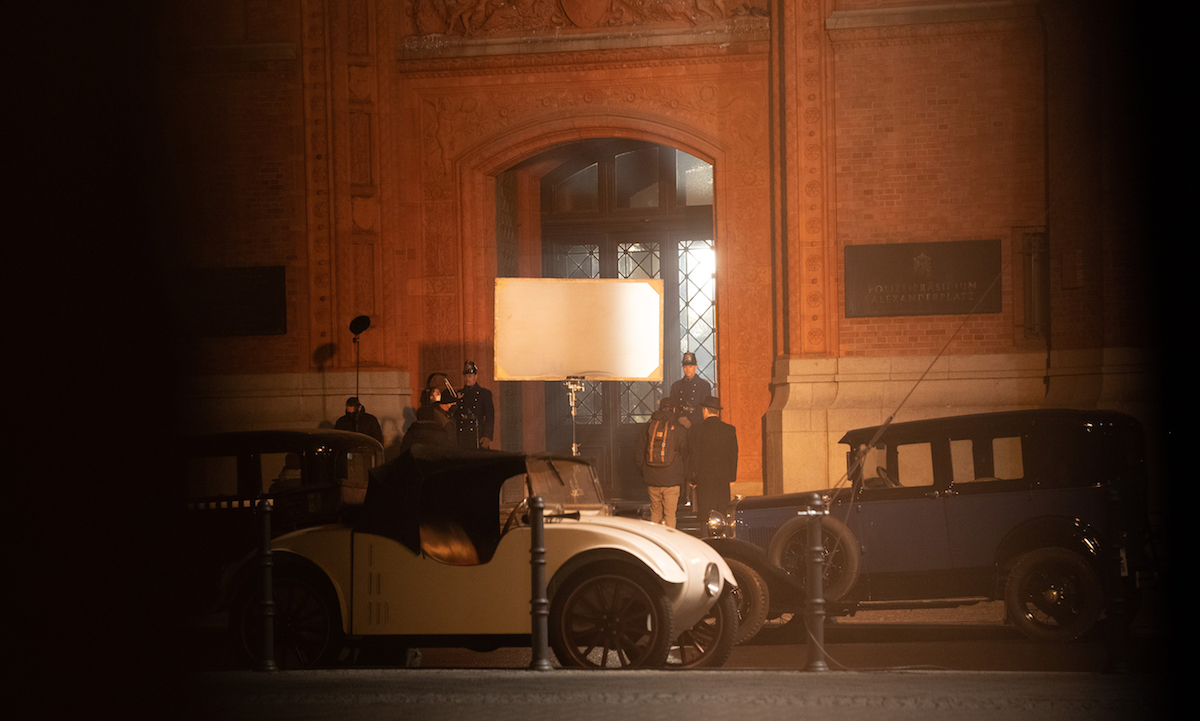 People working on a night shoot for 'Babylon Berlin' in April 2021