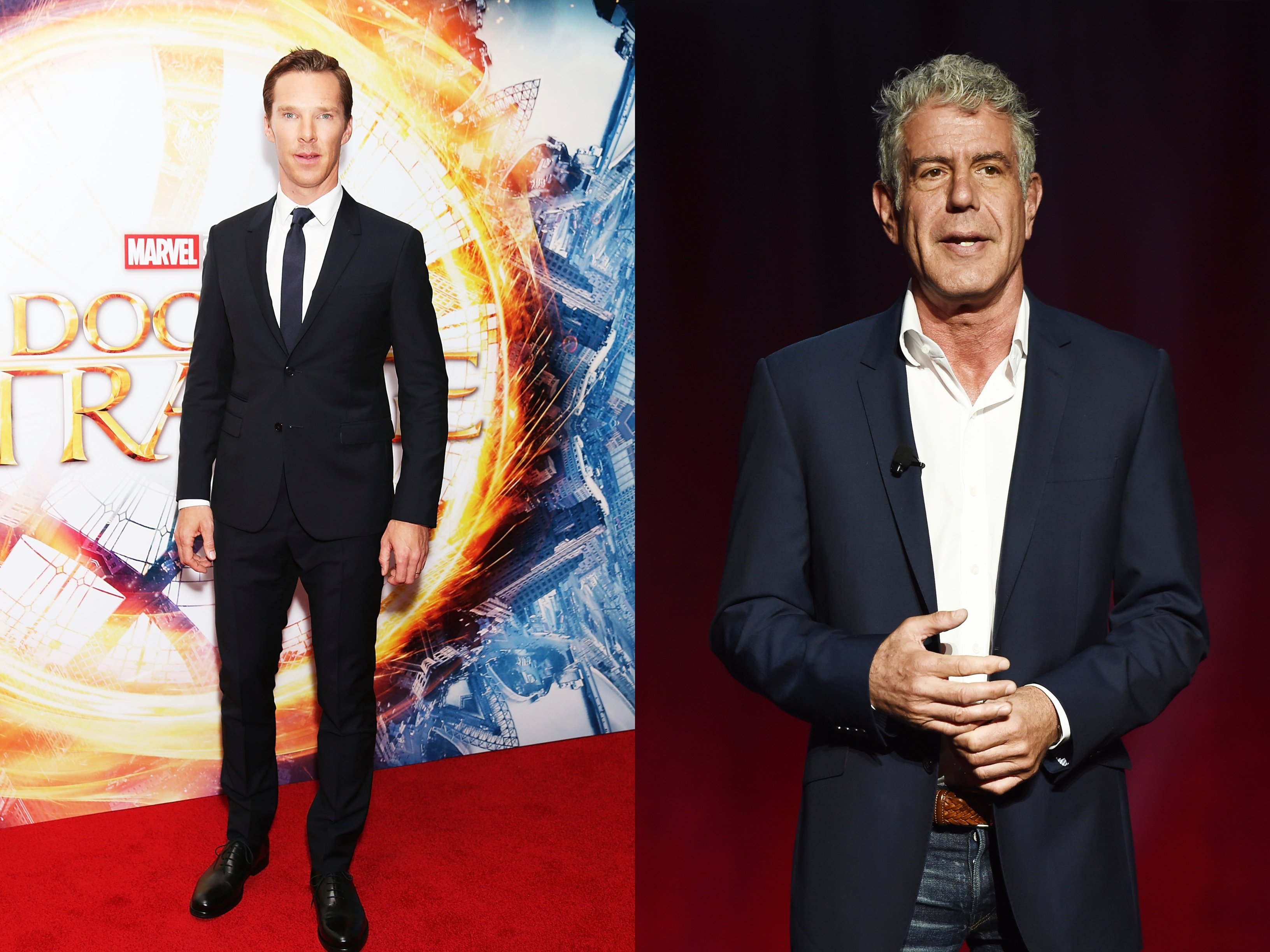 Benedict Cumberbatch attends the fan screening event for ‘Doctor Strange’ on October 24, 2016 and Anthony Bourdain at the Turner Upfront 2016 show at The Theater at Madison Square Garden in New York City