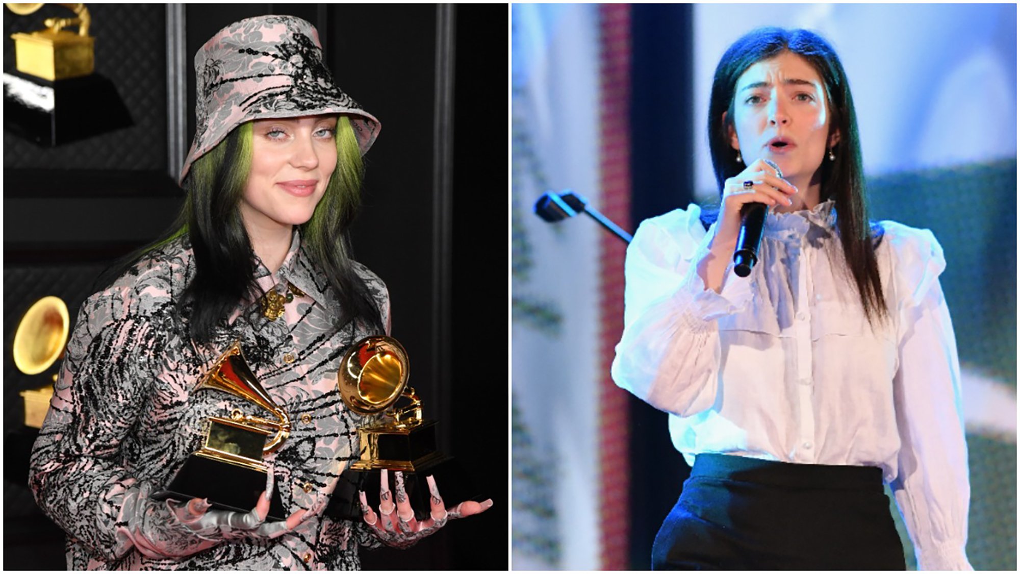 Billie Eilish at the 2021 Grammy Awards / Lorde performs at the You Are Us/Aroha Nui Concert in 2019